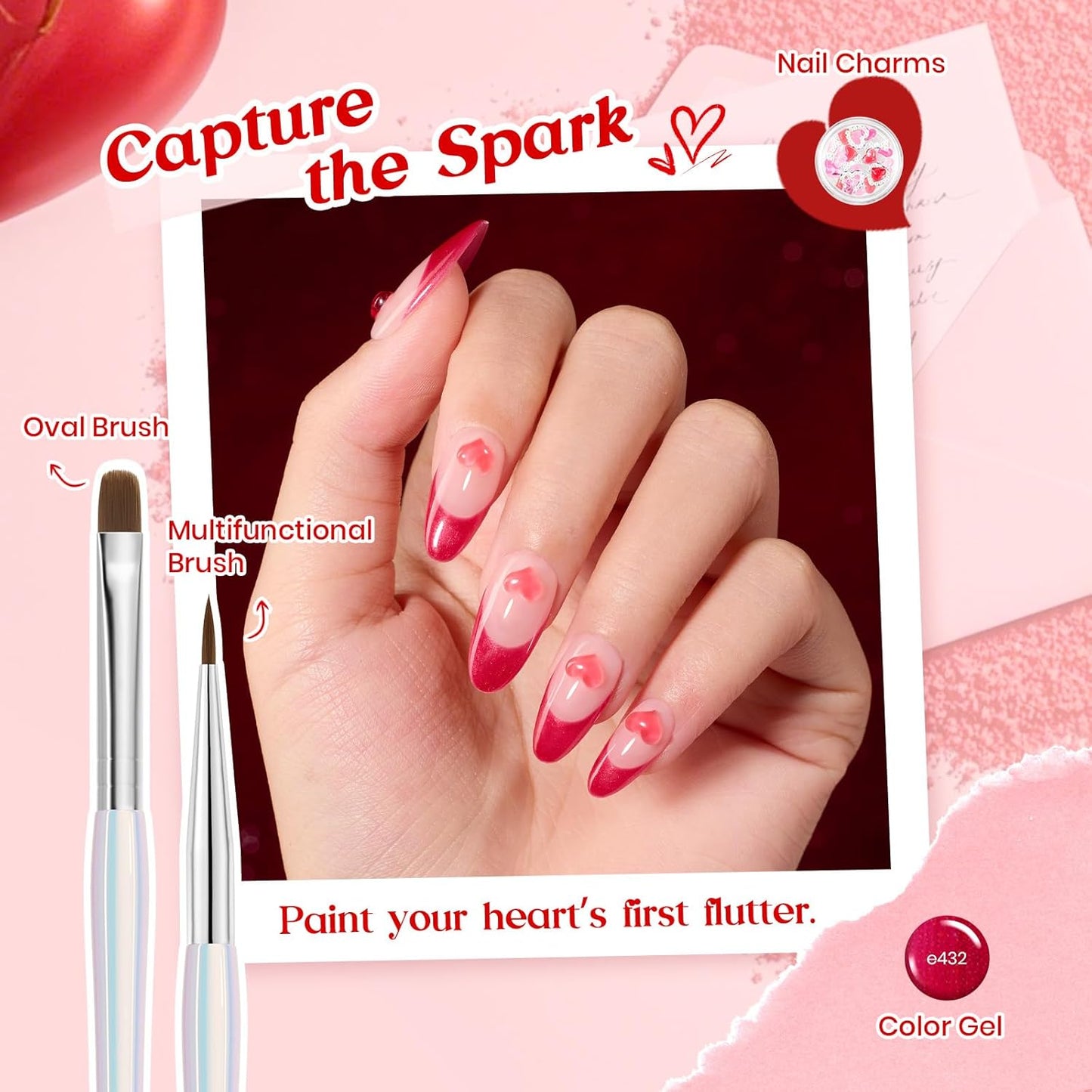 Beetles Red Gel Nail Polish & Nail Art Brushes Set-Heart Desire Multifunctional Nail Brushes Kit for Nail Art with Heart Nail Gems&Nail stickers Manicure Gift for Girls Women