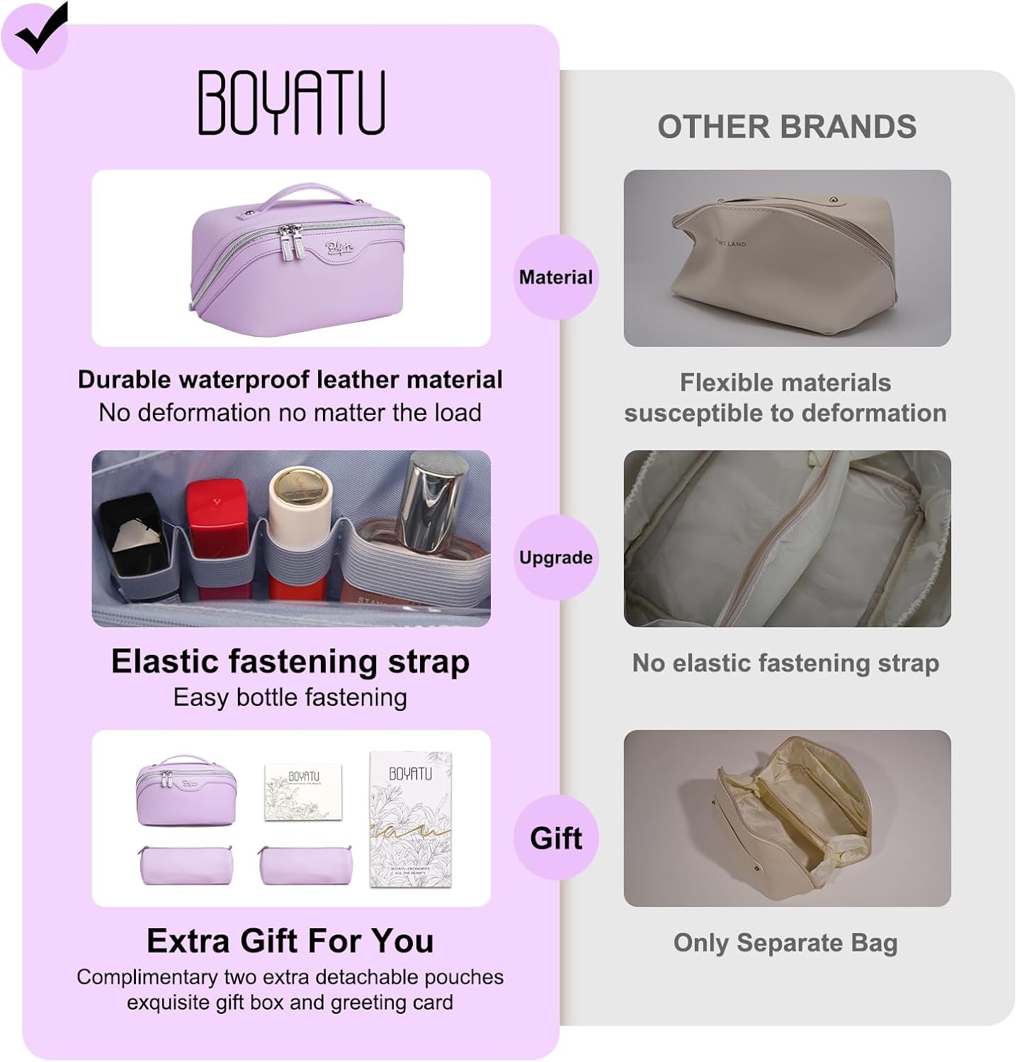 BOYATU Travel Makeup Bags for Women: Vegan Leather Cosmetic Bag Set of 3 - Large Capacity Make up Bag with Divider - Wide Open Waterproof Toiletry Organizer Bag with Handle (05-Purple)