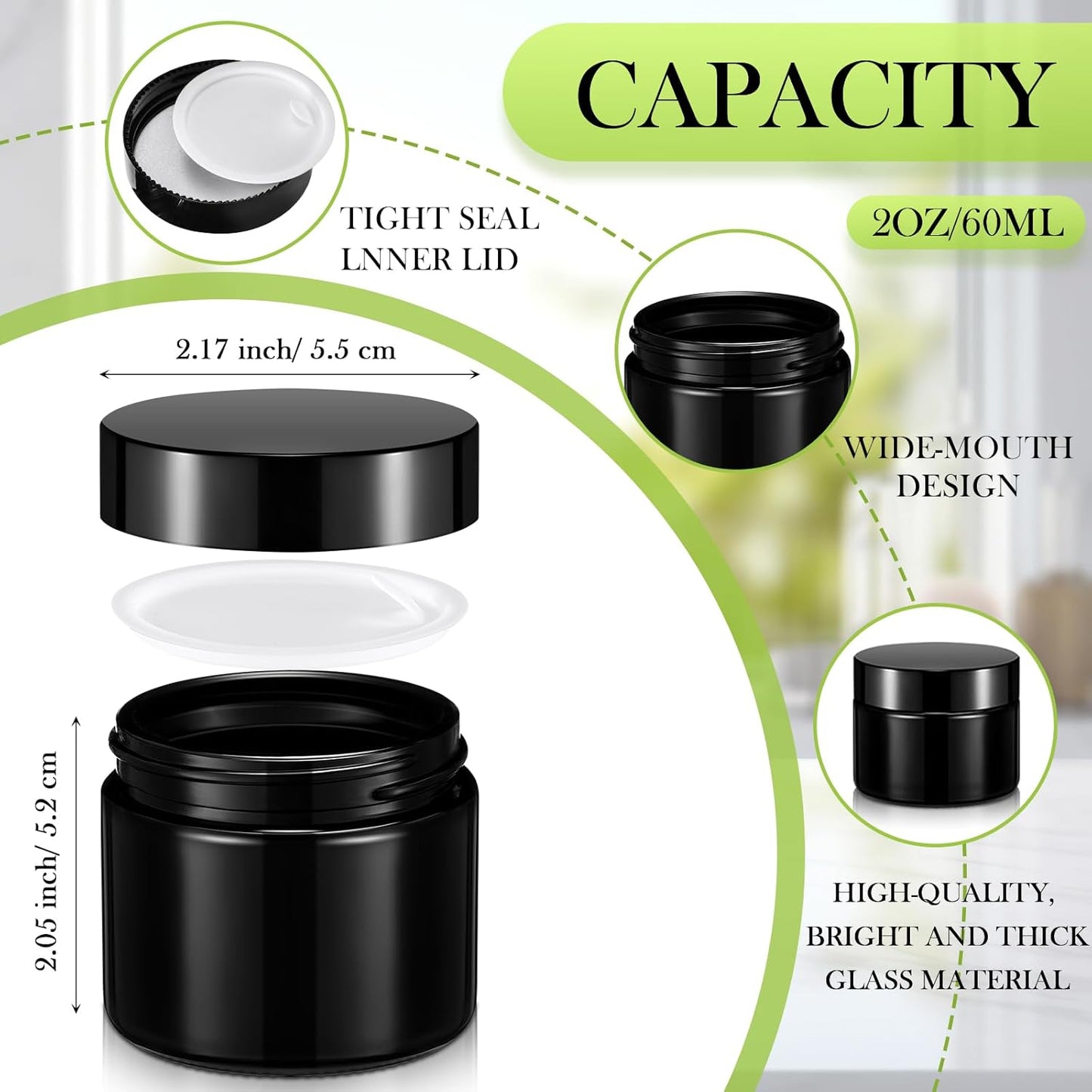 Domensi 72 Pcs 2 oz Glass Jars with Lids Travel Size Round Leakproof Empty Cosmetic Jars with Inner Liners Lid for Storing Makeup Lotions Face Cream Ointments Candle DIY Making (Black)