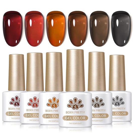 Born Pretty Jelly Gel Nail Polish Fall Winter Amber Crystal Brown Orange Burgundy Red Black Gel Polish Transparent Translucent Clear Nail Art Manicure DIY Home Salon 6PCS