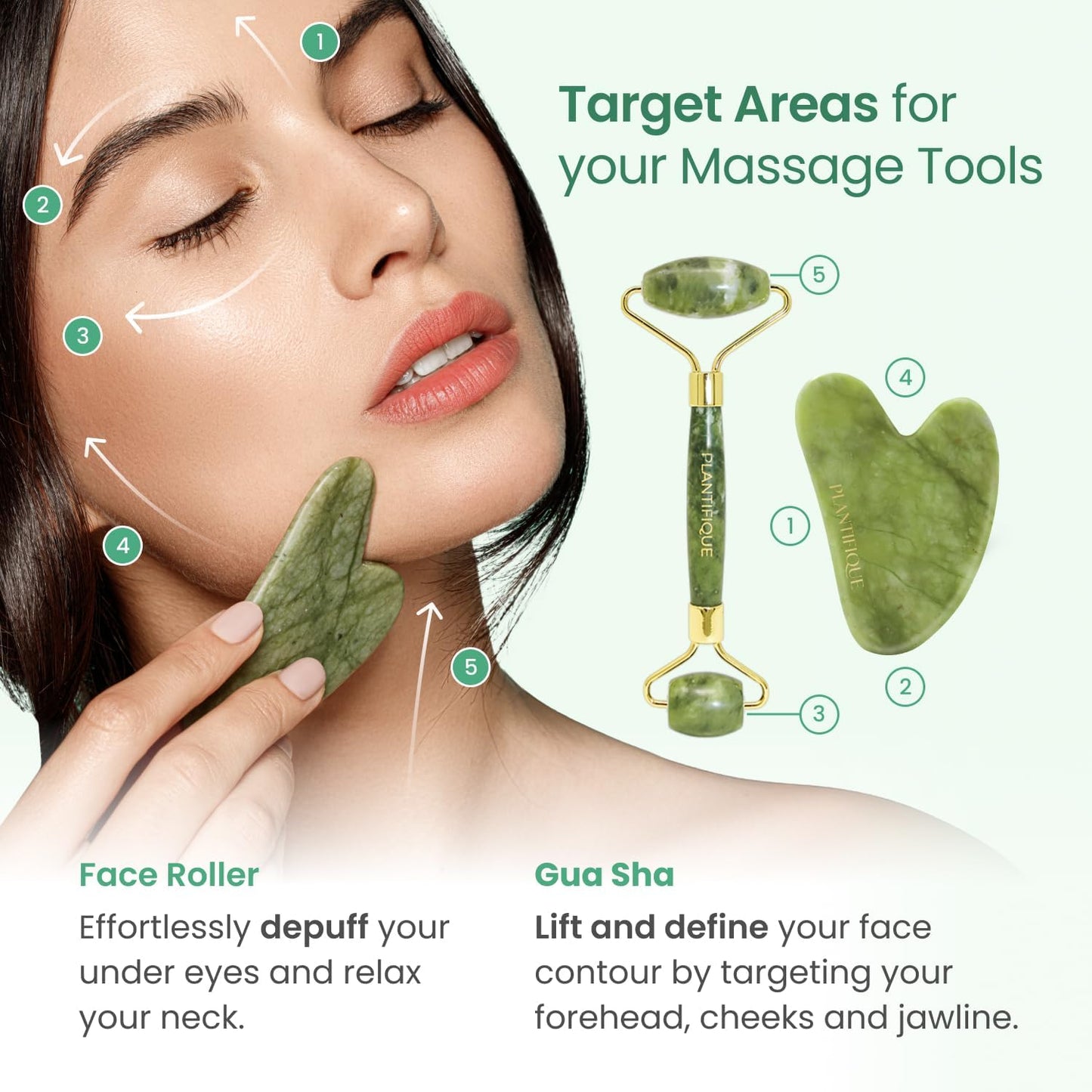 PLANTIFIQUE Jade Roller & Gua Sha Set – Real Jade Facial Tools for Skin Care Routine – Certified Face Massager for Radiant Skin