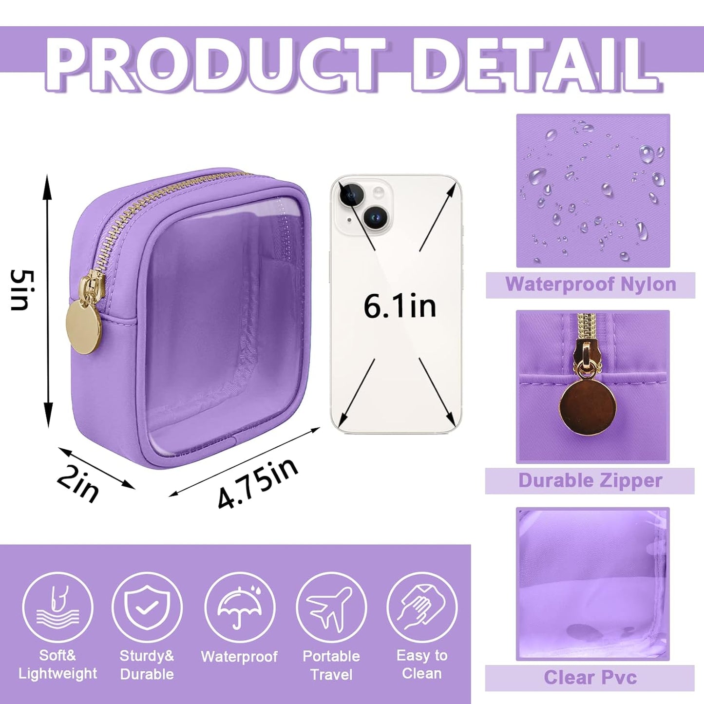 Clear Mini Makeup Bag for Purse, Small Nylon&PVC Cosmetic Travel Bag TSA Approved Toiletry Bag with Zipper, Preppy Transparent Makeup Travel Bag Coin Purse for Women Men Girls(Mini-Purple)