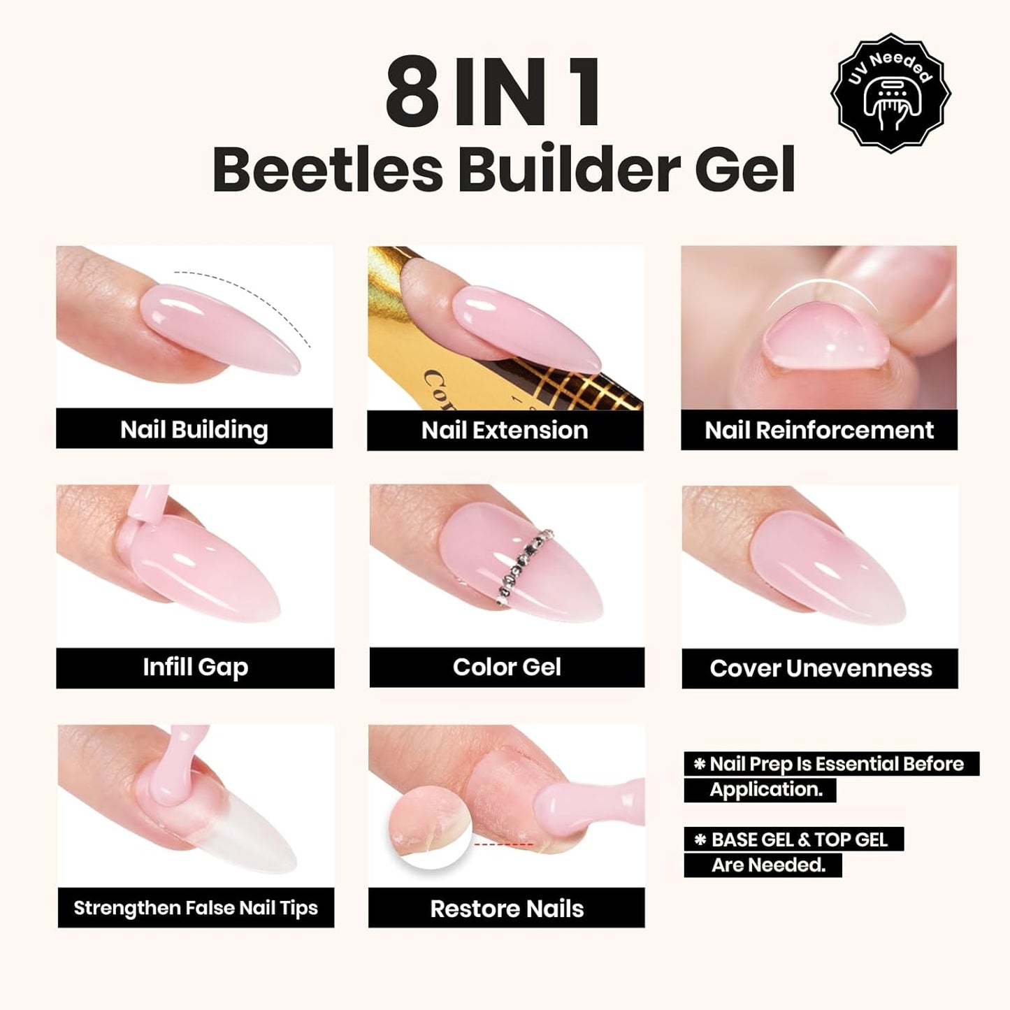 Beetles Builder Gel Set,3 Pcs 8 in 1 Nail Strengthening Apex Building Extension for Beginner DIY Salon at Home,Clear Builder Nail for Nails with Base and Top Coat Gel,UV & LED Lamp Needed