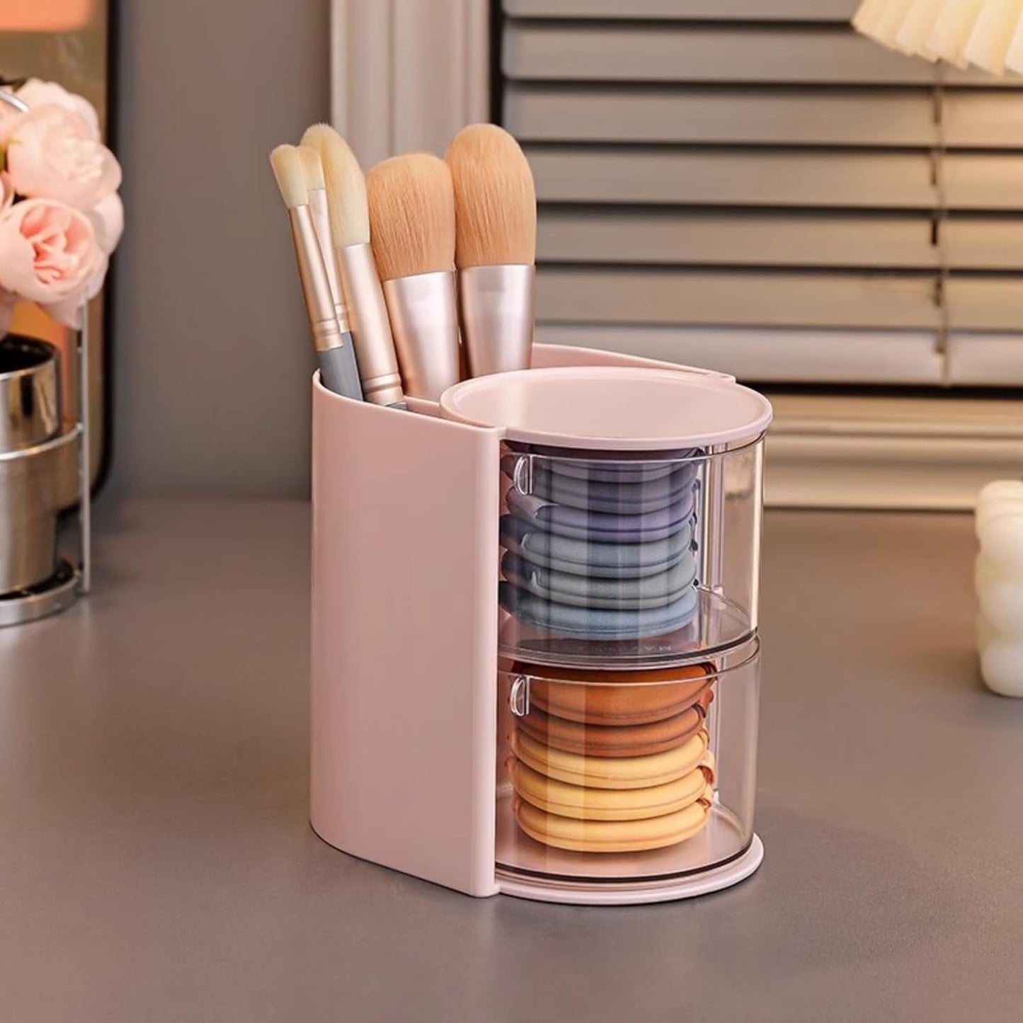 Hair Accessories Organizer with Hair Brush Holder, Rotatable Makeup Brush Holder for Necklaces, Earring, Bracelet, Ring, Makeup Brushes, Hair Clip and Hair Accessories (Pink, 2-Layer)