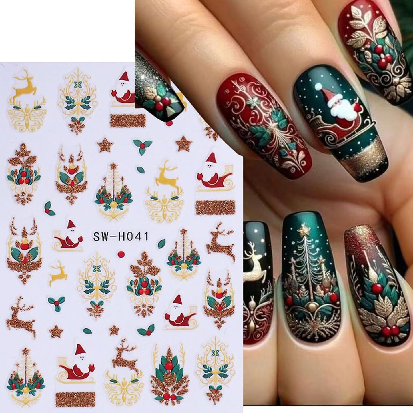 4Sheet Christmas Nail Art Stickers Santa Claus Elk Snowflake Nail Decals 3D Self-Adhesive Fireworks Clock Bow Designs Nail Supplies Winter Xmas Nail Sticker Nail Art for Women DIY New Year Nail Decor