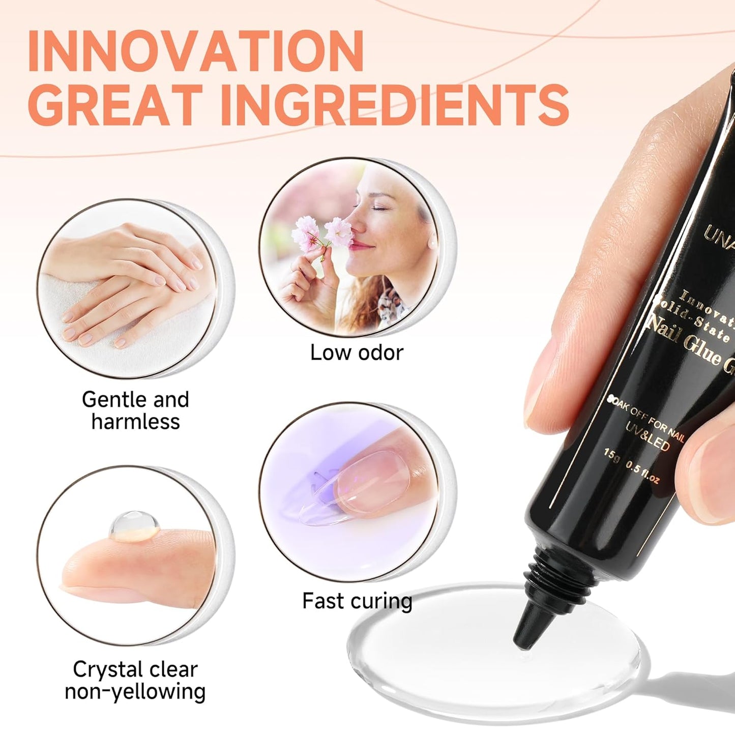 UNA GELLA Soft Gel Nail Tips Glue | 2pcs | Solid State Soak Off Super Strong Glue for Acrylic Nails Curing Needed For Nail Extensions Press On Nails 15ml*2 for Gel Jelly Tips