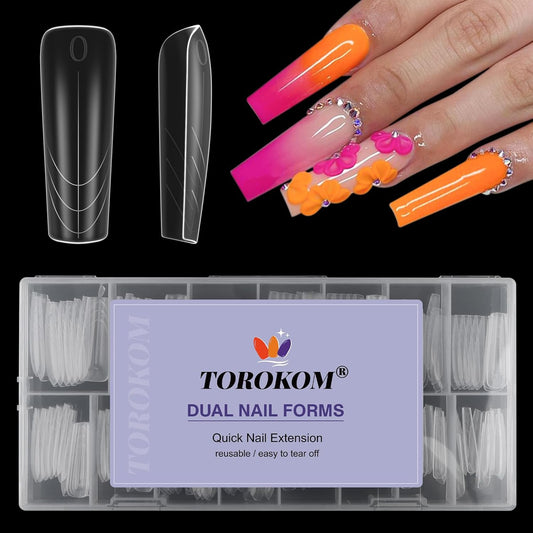 TOROKOM Poly Extension Gel Dual Nail Forms 150Pcs Coffin Clear Nail Forms Full Cover Coffin Nail Molds 15 Sizes for Gel Manicure Nail Art Design Salon&DIY