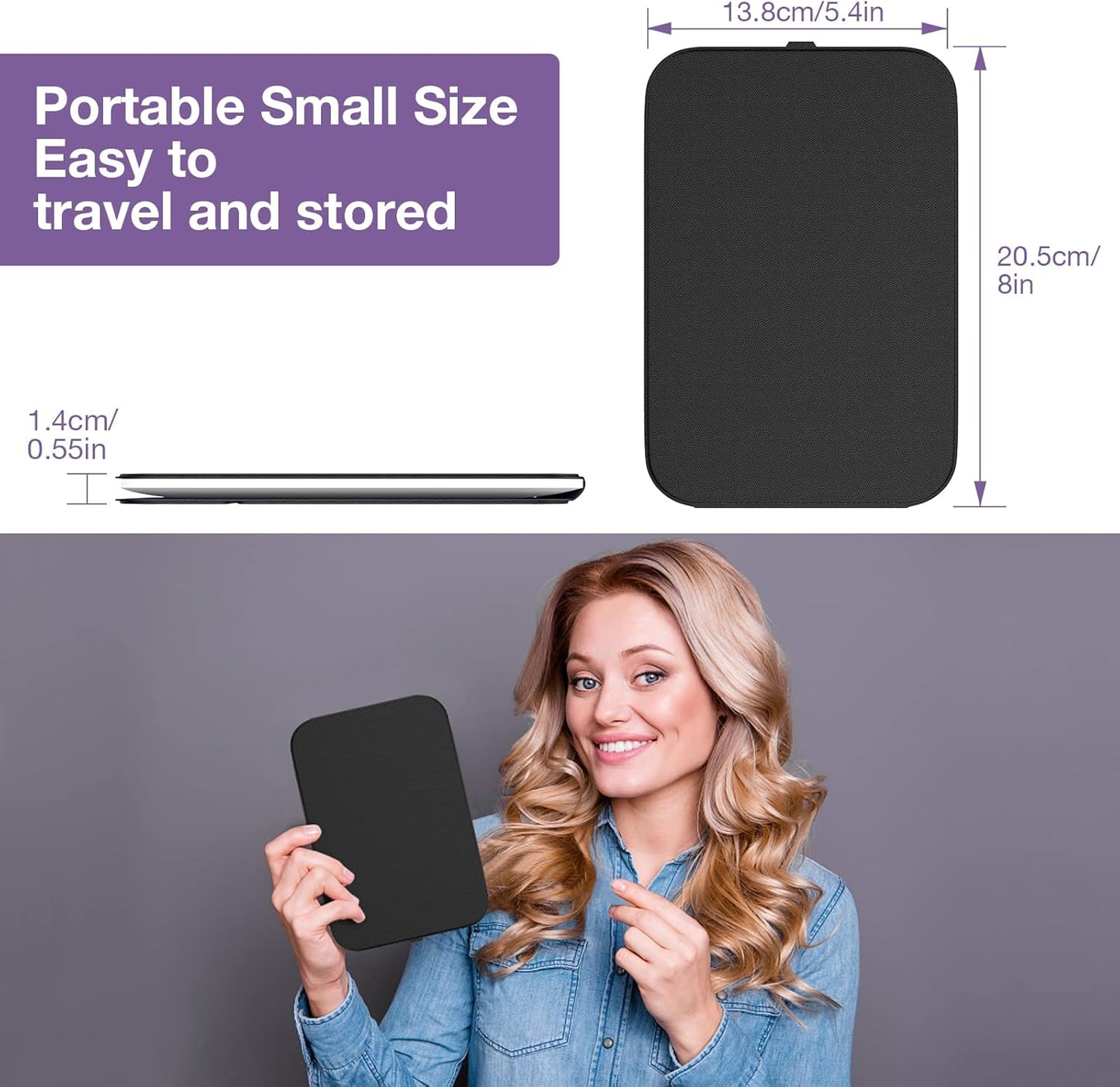 Kintion Travel Makeup Mirror, Portable LED Lighted Makeup Mirror, 360° Rotation Touch Screen Vanity Mirror, 60 LEDs, 3-Color Dimmable Lighting, Rechargeable Tabletop Folding Cosmetic Mirror, Black