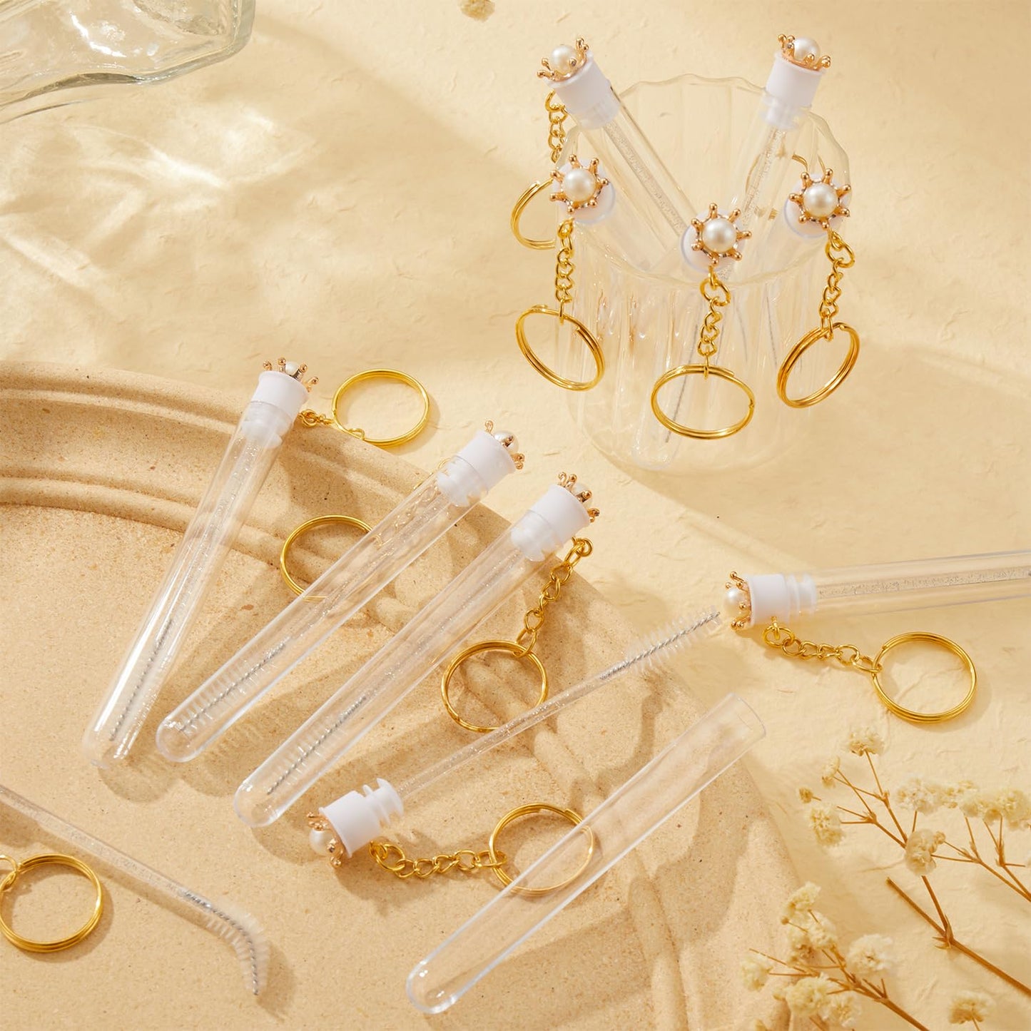 Upgrade 48 Pieces Disposable Mascara Wands Set,Include 24 Pcs Crystal Lash Spoolies Brush and 24 Pcs Reusable Keychain Empty Eyelash Brush Tubes