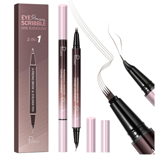 2 Pack Eyebrow Pen, Waterproof Microblading Eyebrow Pencil, 2-in-1 4 Tip Eye Brow Makeup Pen for Women with Precise Curved Brush-Tip Create Natural Hair-Like Brows, Last All-Day (Natural Brown)
