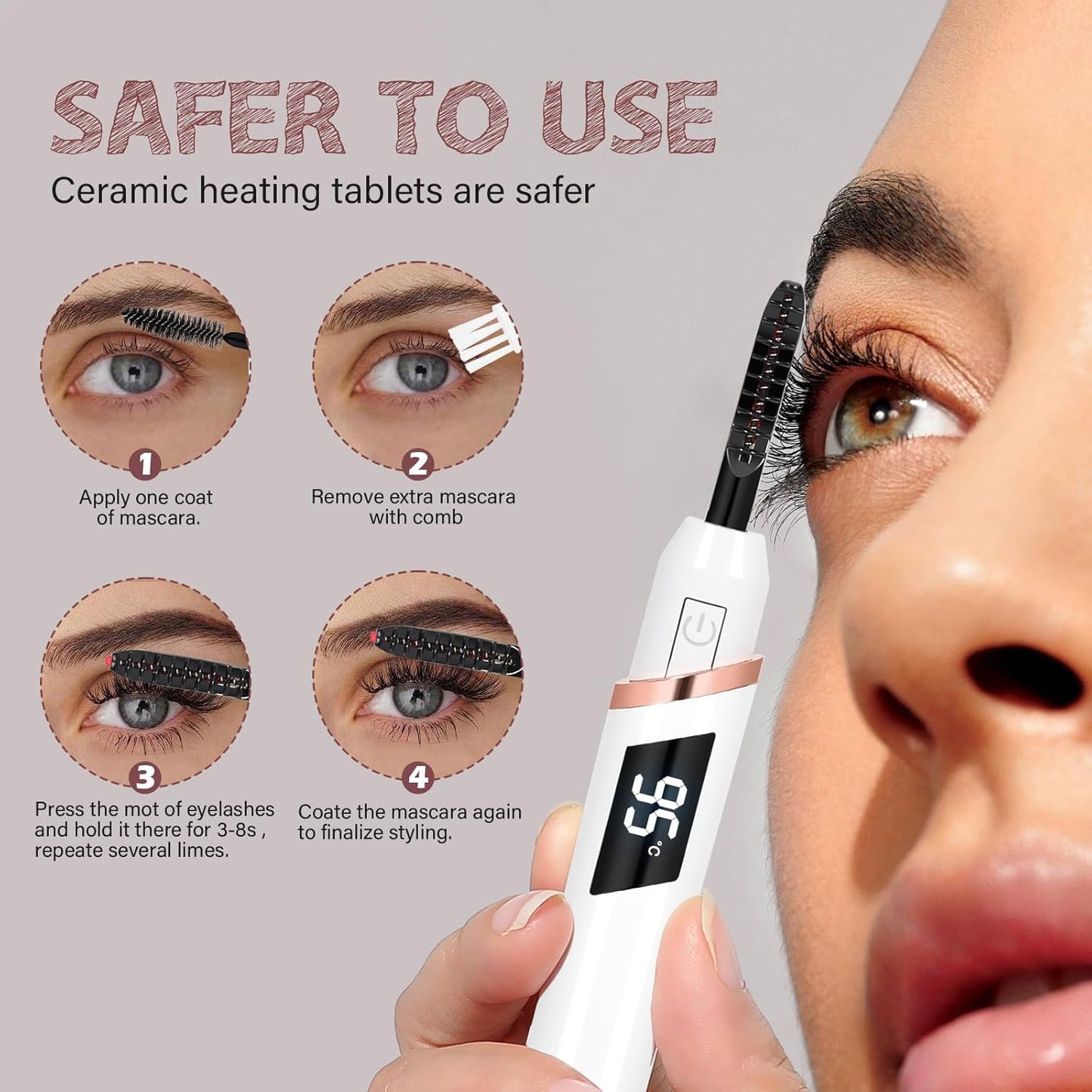 Heated Eyelash Curler for Women, Electric Lash Curler with 10s Fast Heating, 4 Adjustable Temp (65°C-95°C), 24H Curl, USB-C Rechargeable, Ergonomic Design, Travel-Friendly Makeup Tool Gift