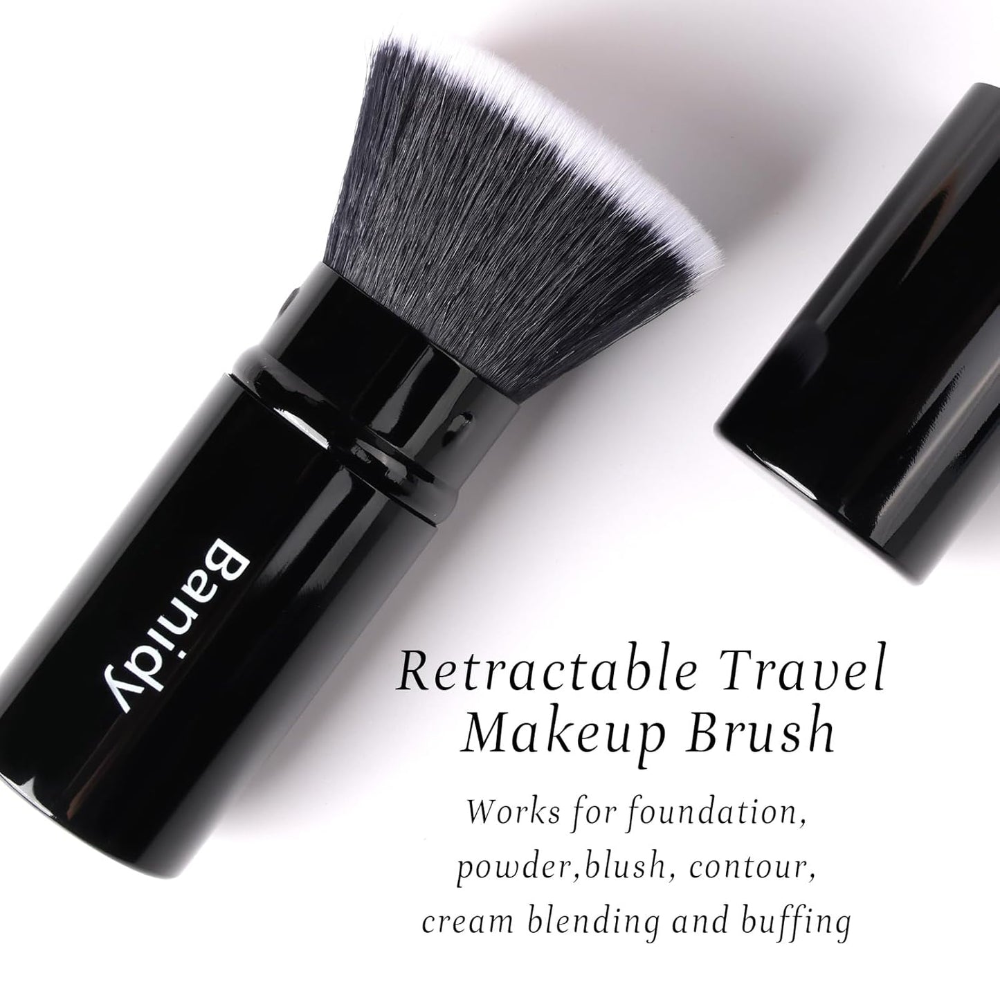 Makeup Brush Kabuki Face Brushes Retractable Travel Blush Brush Portable Flawless for Foundation, Powder Blush, Bronzer, Buffing, Liquid, Cream, Cruelty Free with Cover(Flat-Head)