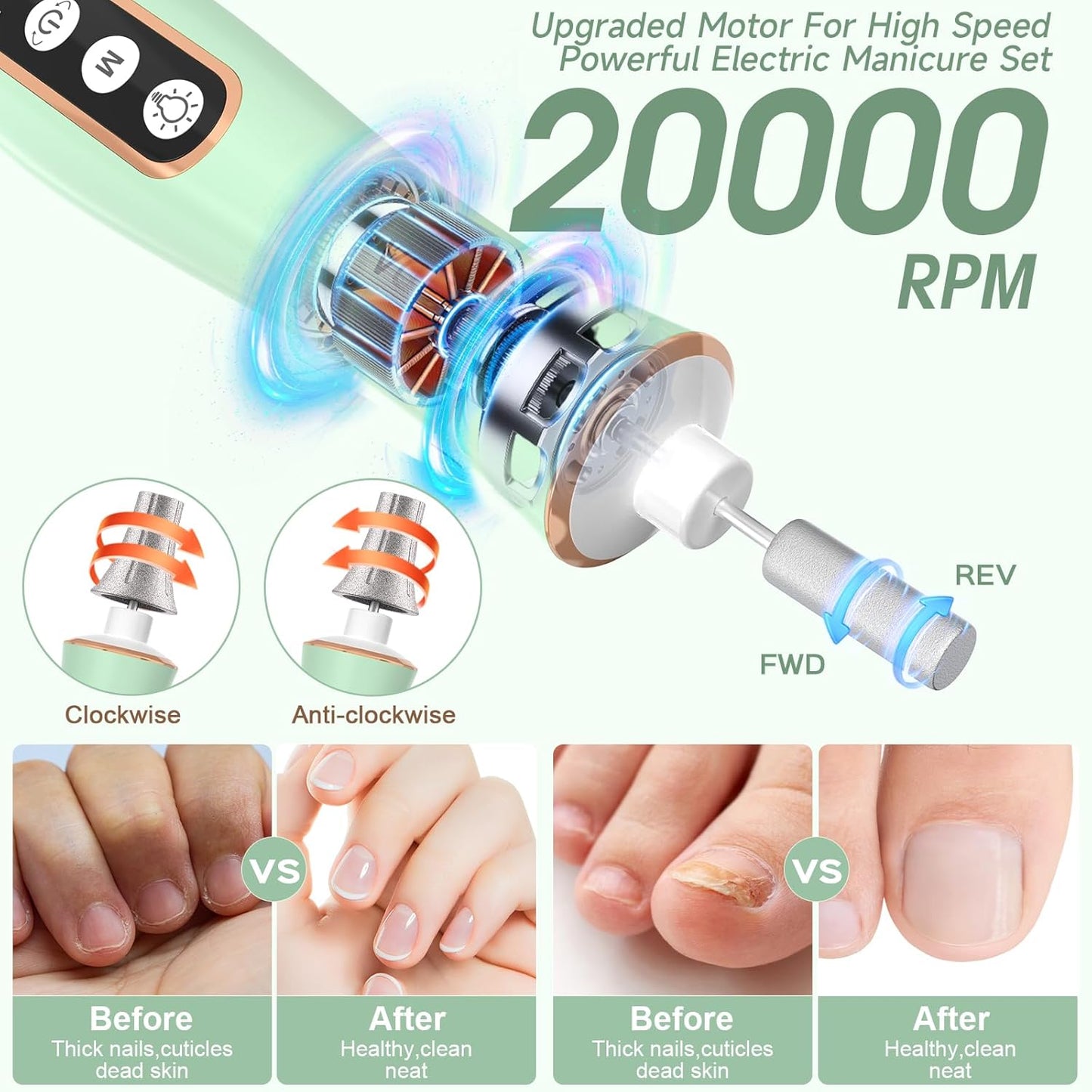 Cordless Electric Nail Drill with 360° LED light&10 Speeds, Professional Manicure Pedicure Kit, Rechargeable Pedicure Tools for feet, Hand Foot Care Nail Drill for Thick Nail Toenail Cuticle Women Men