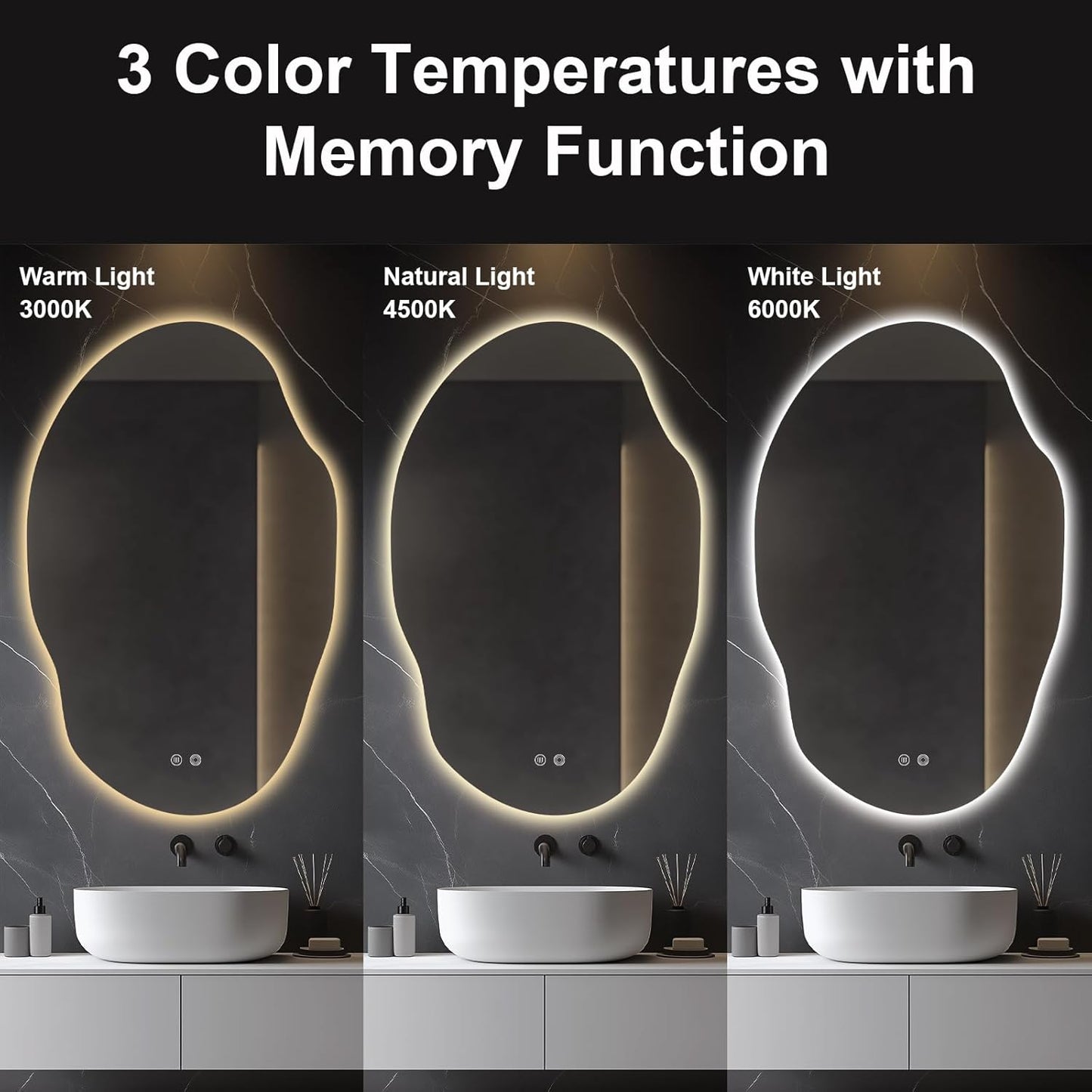 Asymmetrical LED Bathroom Mirror with Lights,Irregular Led Bathroom Vanity Mirror for Wall with Front and Backlit, Anti Fog, 3 Colors and Dimmable Light,[Horizontal/Vertical] 48" H x 30" W