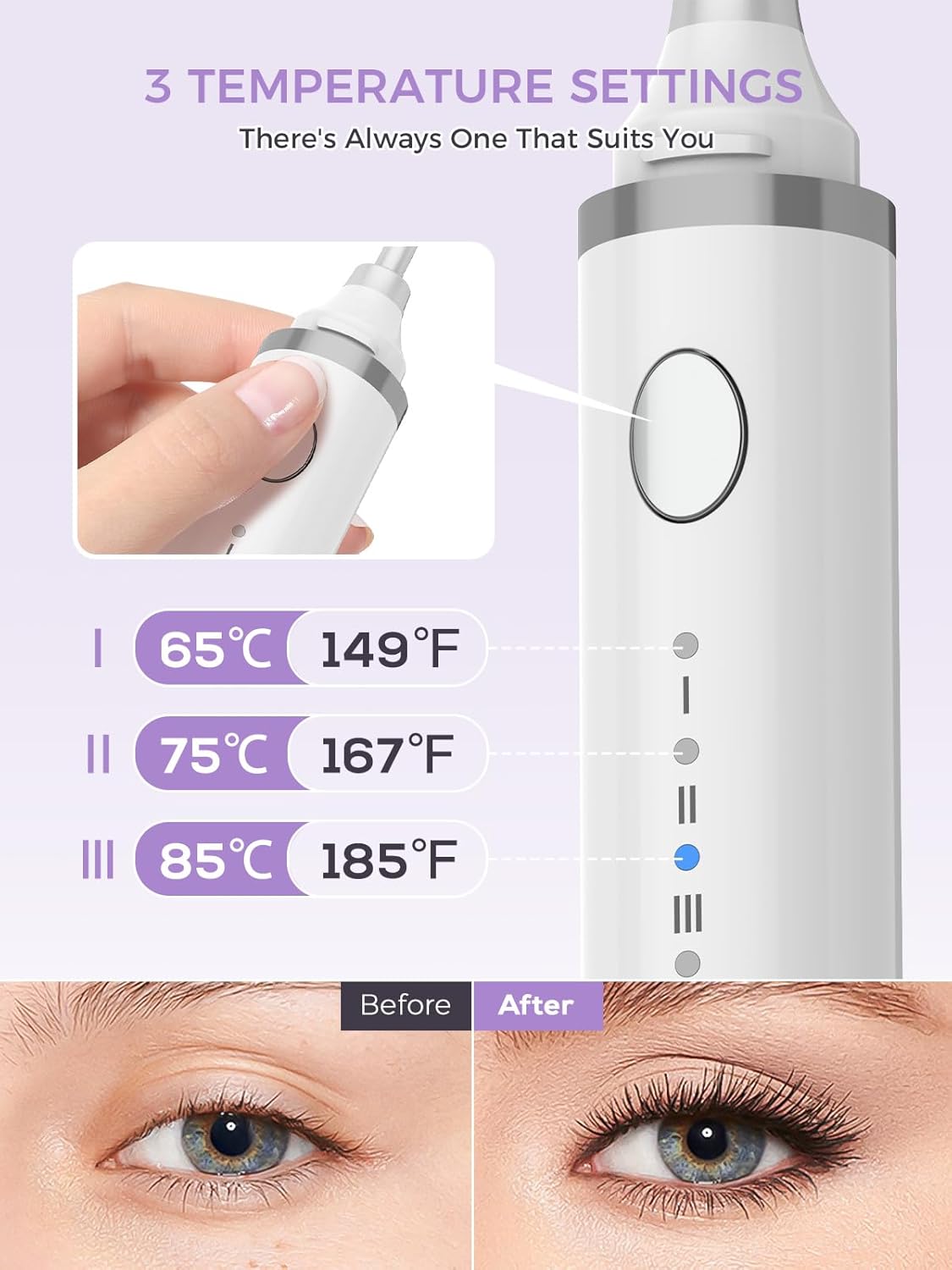 Smiling Shark Heated Eyelash Curler, 2025 New 360°Wand-Style Heated Lash Brush Rechargeable with 3 Brush Heads & 3 Temp 【Lengthen/Define/Curler】 3-in-1 Lash Curler for All Types of Lashes, White