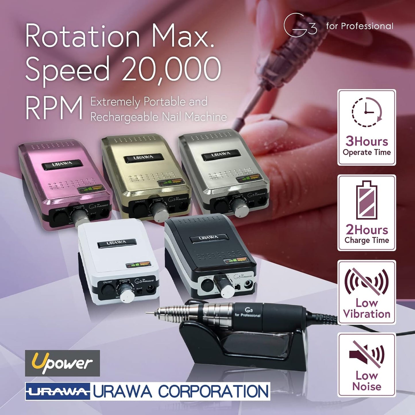 [Upower] G3 Professional Nail Drill Machine, 20000 RPM Electric File for Nails, Rechargeable Portable Nail Machine, Low Noise & Low Vibration (Made in Japan) Produced by URAWA Corp. [White]