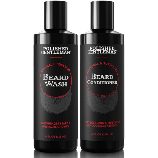 Polished Gentleman Beard Wash and Conditioner Set - Softens and Strengthens - Beard Shampoo with Growth Oil - Moisturizer & Beard Thickener - Tea Tree Unscented - Paraben-Free & Sulfate-Free (4oz)