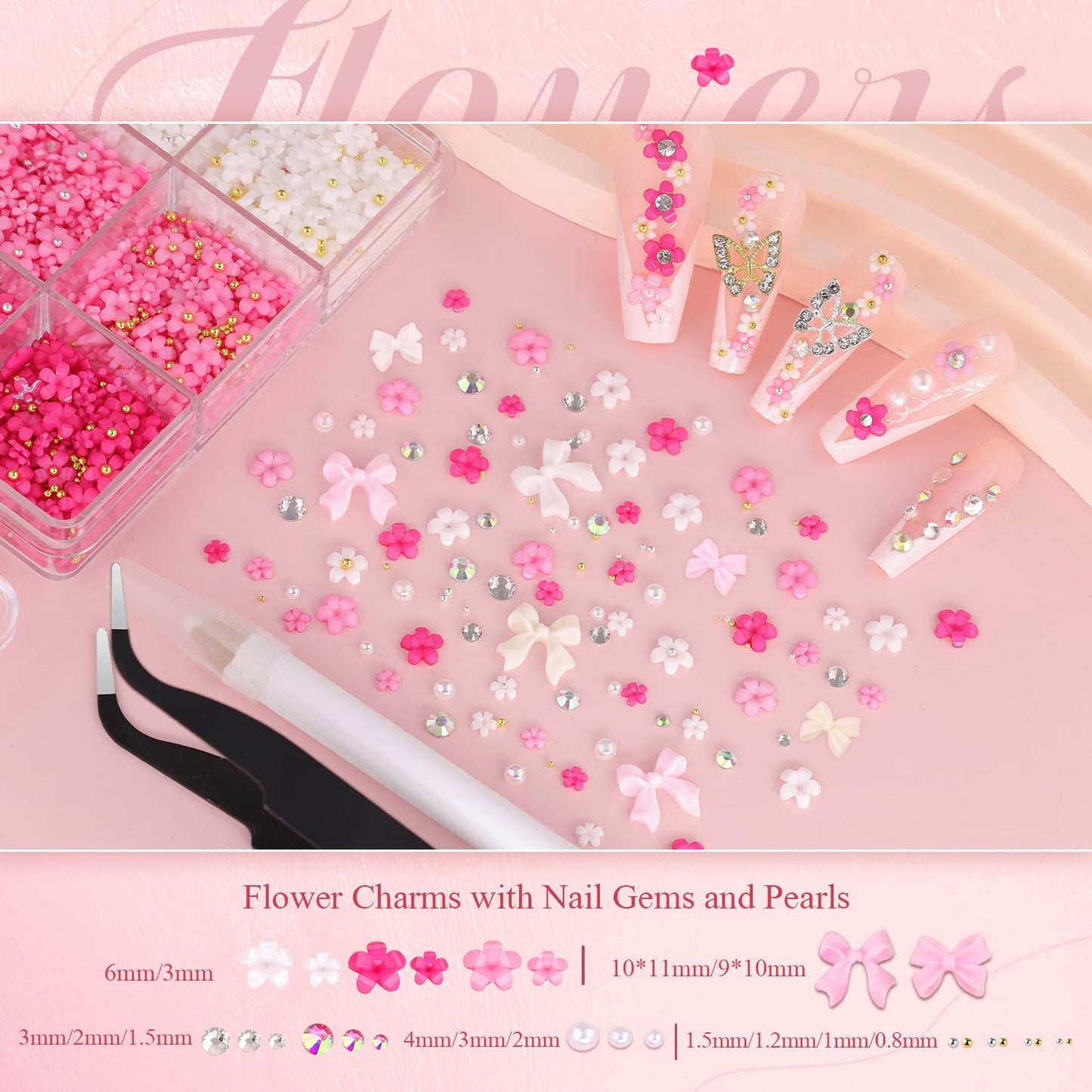 3D Nail Charms and Gems Set 6 with Rhinestone Glue, 75PCS Chunky Coquette Pink & White Bow Nail Charms + Kawaii Cute 3D Flowers for Nails + Clear & AB Glass Crystals + Flat Pearls for Y2K Nail Decor