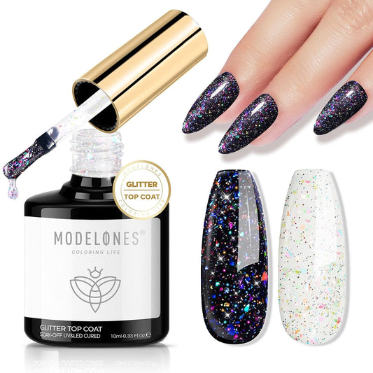 modelones Glitter Gel Nail Polish Top Coat, Rainbow Confetti Gel Top Coat with Scattered Sparkle Shimmer Sequins, Soak Off Long Lasting High Glossy Finish Home Salon DIY Manicure Nail Art 10 ML