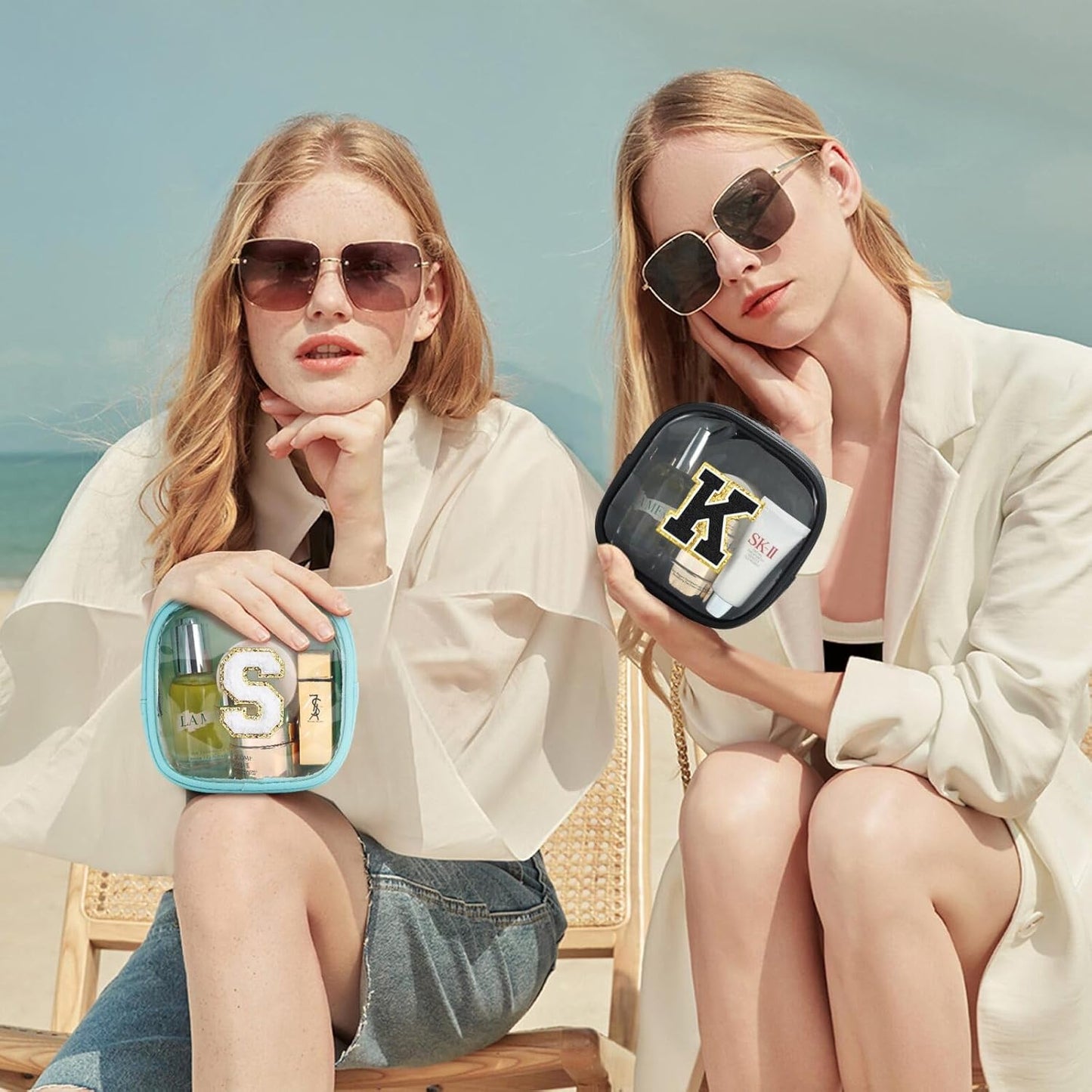 YOOLIFE Initial Make Up Bag Travel Toiletry Bag, Clear Makeup Bag Preppy Cosmetic Bags Organizer Travel Essentials Gifts for Women Teen Girlfriend Teacher Mom Birthday Mothers Day Gifts Mini Blue Y