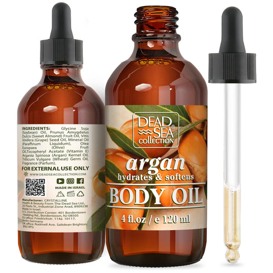 Dead Sea Collection Body Oil with Argan - Dry Skin Moisturizer and Hydrating Massage - Nourishing Bath Oil - Increase Skin Elasticity and Provide Anti-Aging Support for Face and Body (4 fl.oz)