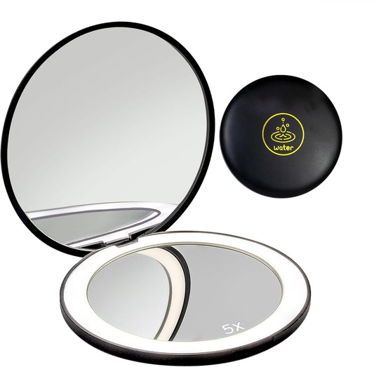 LanJo Lighted Compact Mirror with 1X/5X Magnification, Stepless Dimming & 3 Adjustable Light Settings, Rechargeable Makeup Mirror for Purse, Travel & Gifts – Water Sign Zodiac Design – Black