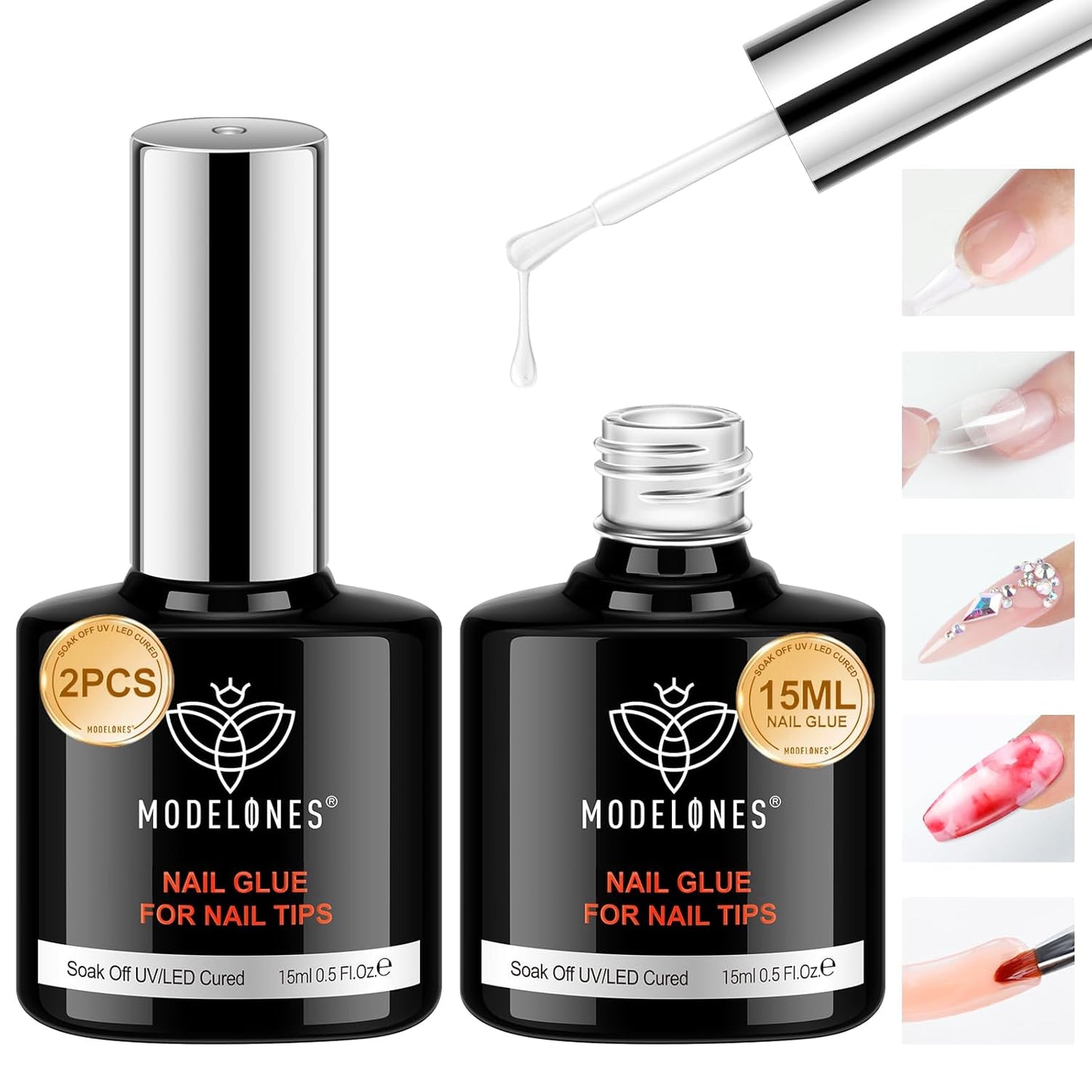 modelones 9 in One Gel Nail Glue Brush On Nail Glue 15 ml for Tips, Rhinestones, Base Coat, Blooming Art Gel Kit for Press on Nails Acrylic Tips U V Lamp Needed 2Pcs
