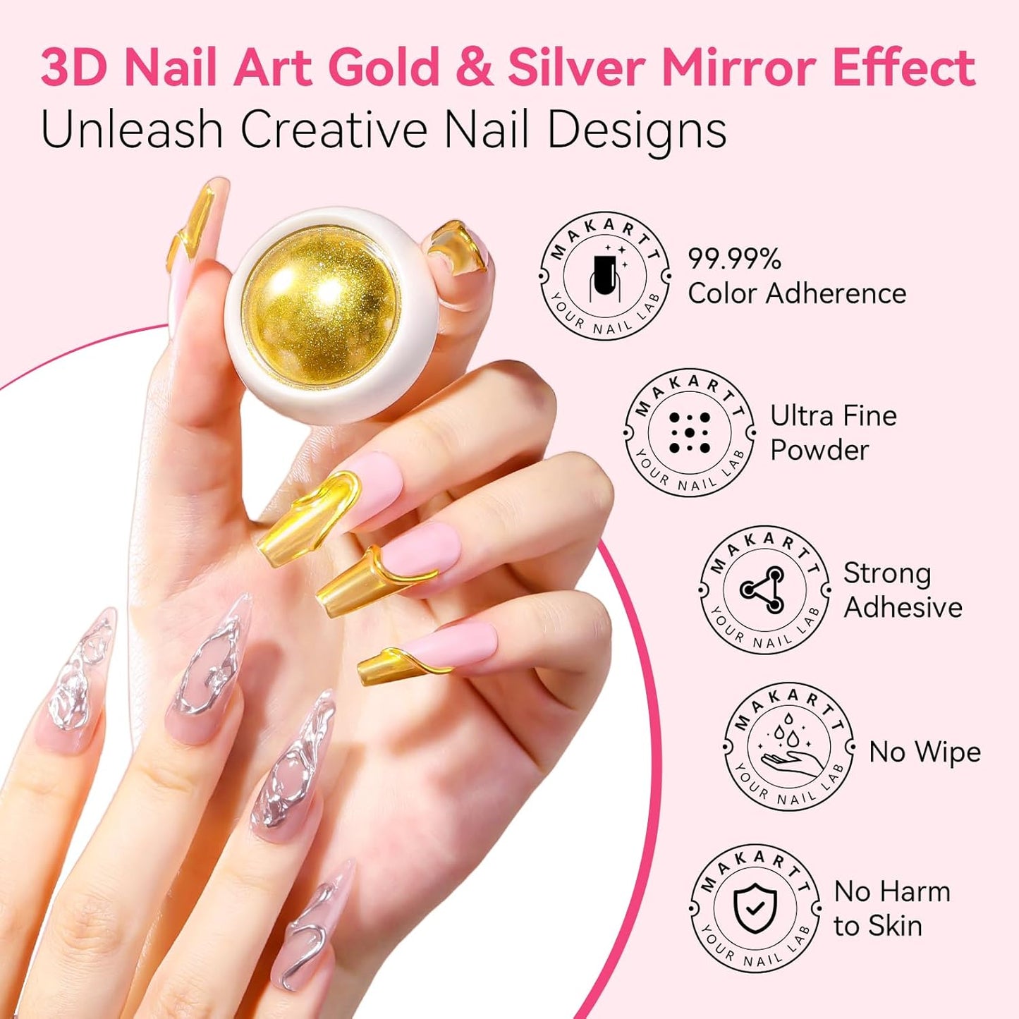 Makartt 3D Gel Nail Art & Chrome Nail Powder Kit: 15g Sculpting Gel for Nail Art DIY No wipe 3D Molding and Metallic Chrome Powder Set for Decoration Manicure Pedicure Use
