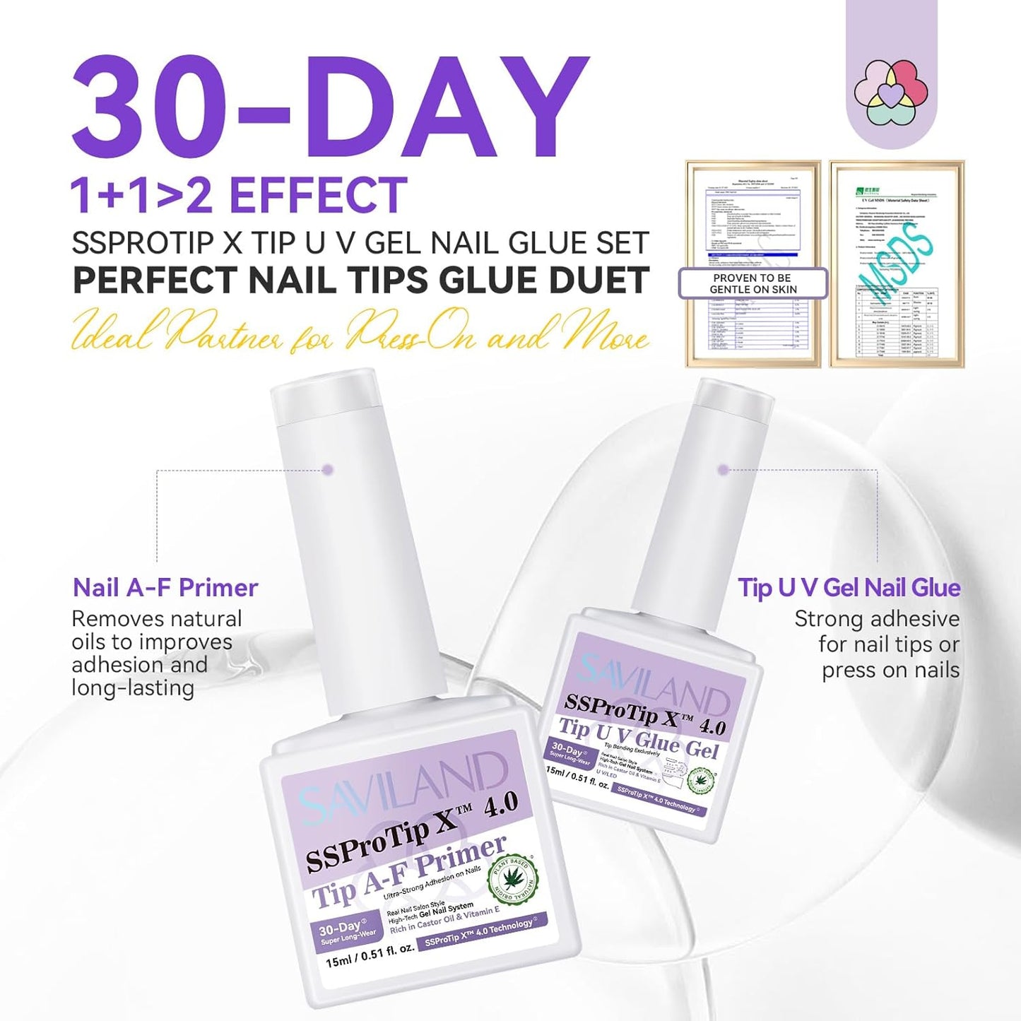 SAVILAND Gel Nail Glue & Nail Primer Set: 30-Day Long Lasting Extra Strong Nail Glue Gel with Nail Primer Rich in Castor Oil Vitamin E for Gel Glues for Nails False U V Lamp Required SSProTip X 4.0
