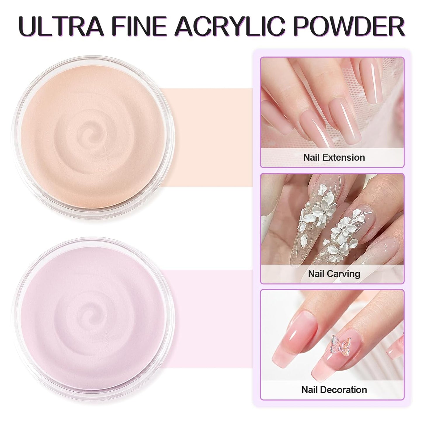 TOROKOM Acrylic Nail Powder Set, 2 Colors Nude Pink Acrylic Powder Colored for 3D Art Nail Carving French Nail Extension, Long-Lasting Nail Powder - No Need Nail Lamp, 2 * 60g