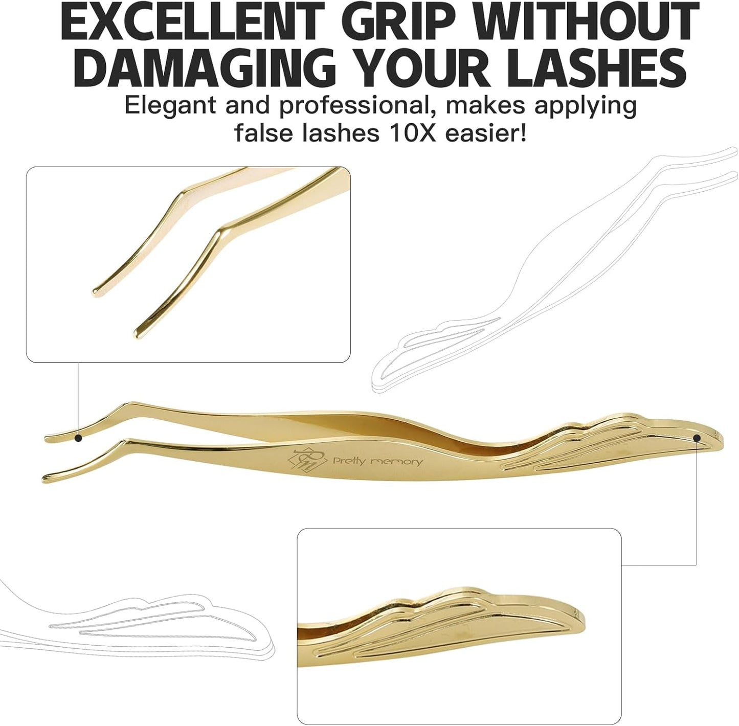 Pretty memory DIY Eyelash Applicator Tool, Curved Eyelash Tweezers for False Lashes, Lash Applicator for Easy Lashes Application and Removal, Gold