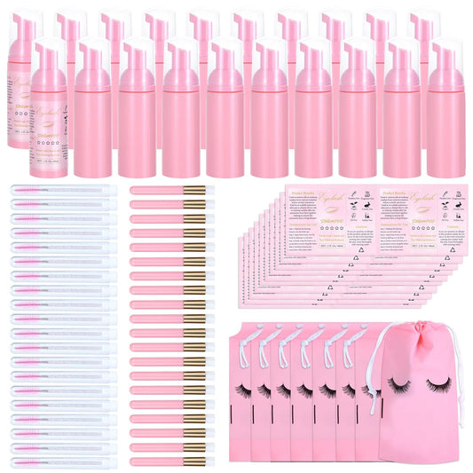 100 Pcs Lash Shampoo Bottle Brushes Set 20 Empty Foam Pump Dispensers 20 Label Stickers 20 Mascara Wands and Tubes 20 Cleansing Brush 20 Bag for Eyelash Extensions Aftercare(Pink)