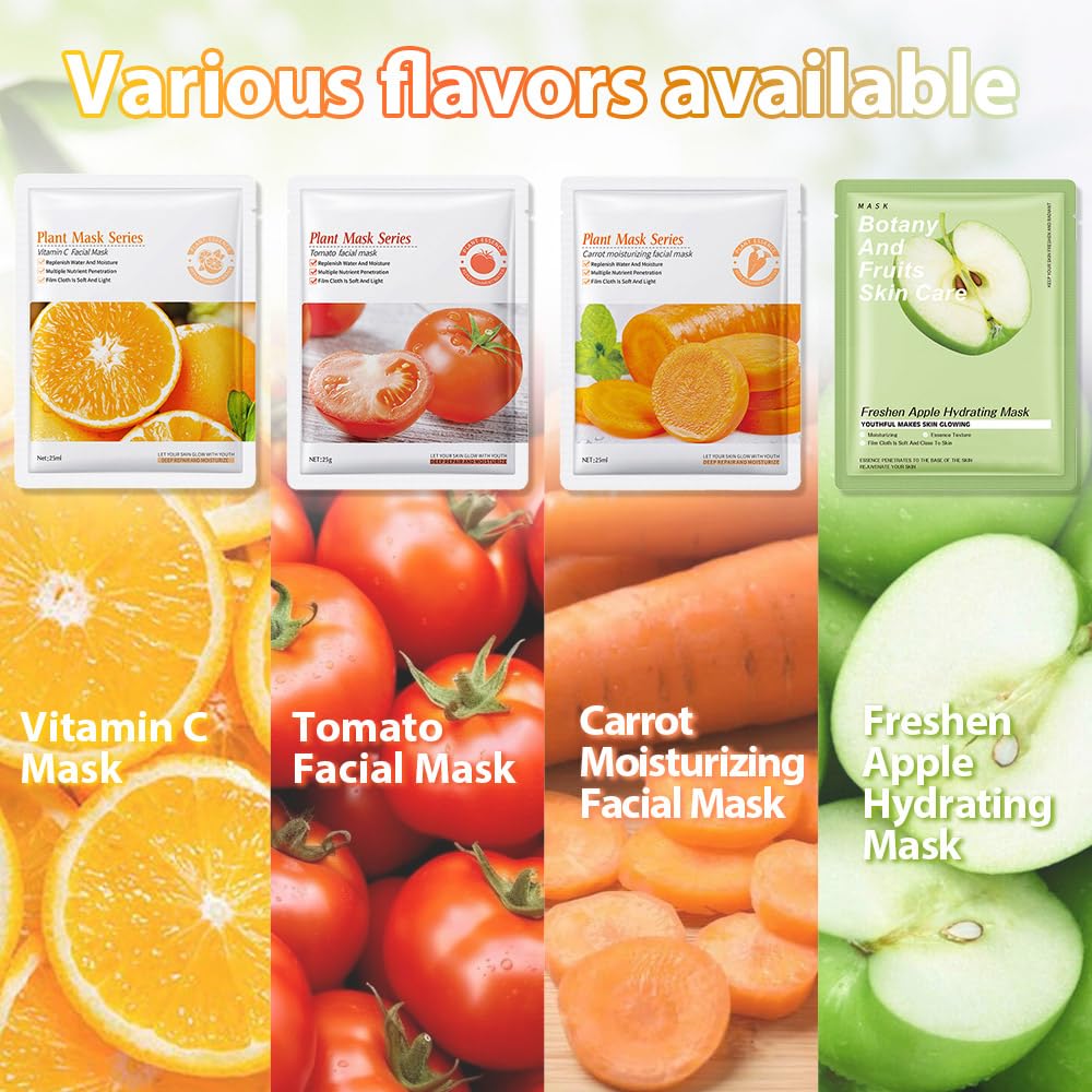 12 Pack Various Fruits Face Sheet Mask Skincare,Hydrating Face Mask For Sensitive Skin,Moisturize,Soothing,Nourish for All Skin Types,Natural Spa Party Facial Mask Skincare Set for Women Men Girls
