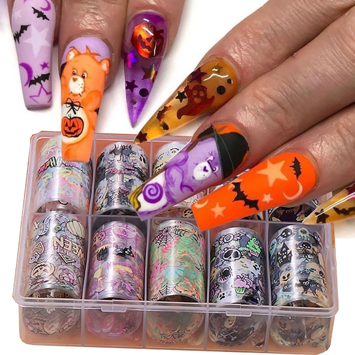 Halloween Nail Foils Transfers - Ghost Pumpkin Skull Bat Spider Web Black Cat Design, Gold & Holographic Foil Stickers for Nail Art, Manicure Decals for DIY Acrylic Nails, 10 Sheets