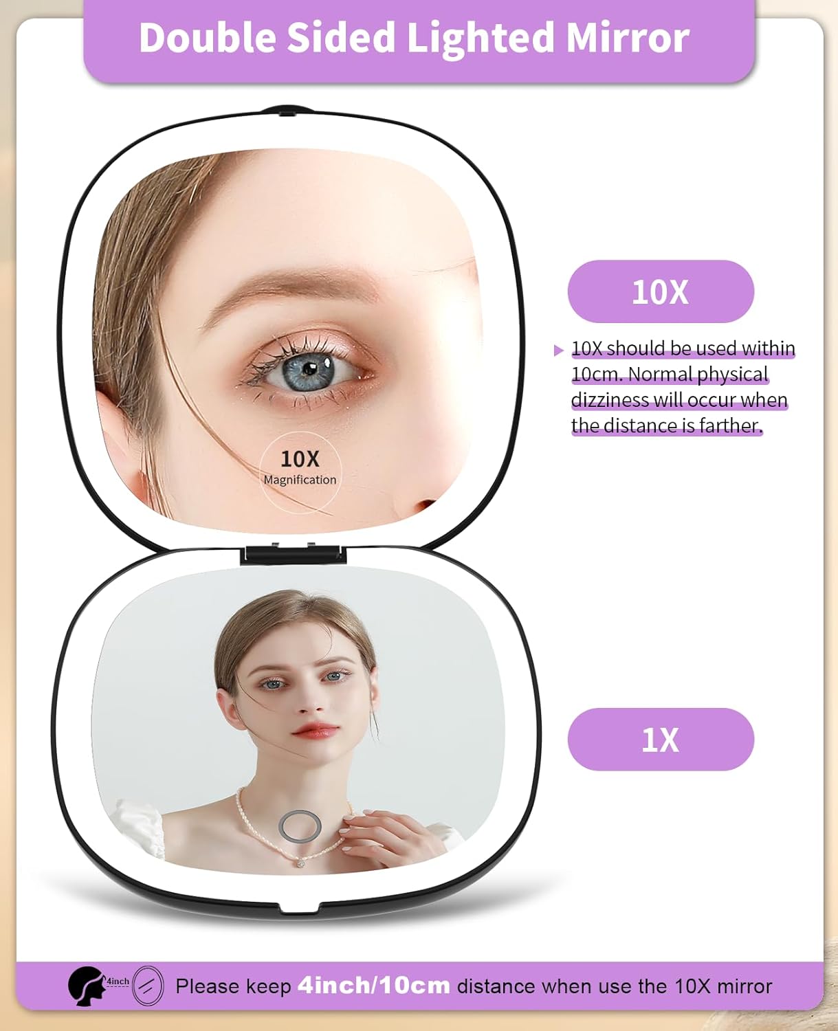 WOBSION Rechargeable Lighted Travel Makeup Mirror,1x/10x Compact Magnifying Mirror with Lights,Portable for Bag,4inch,Gift,Black