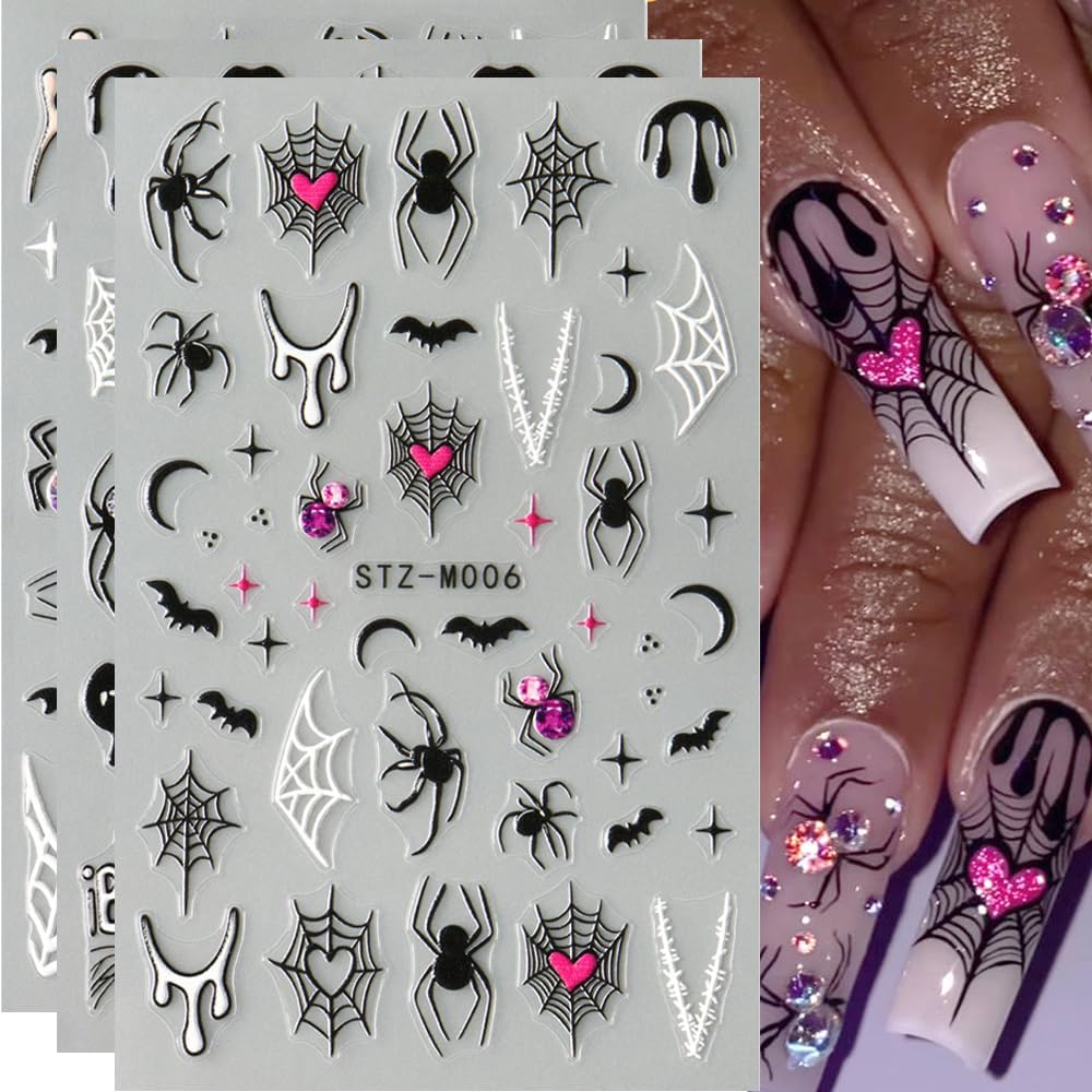 3 Sheet Halloween Nail Stickers Ghost Bat Spider Nail Decals 3D Self-Adhesive Spider Web Spooky Bat Spider Nail Art Stickers Design Gothic Nail Art Supplies for Holiday Acrylic DIY Nail Decoration