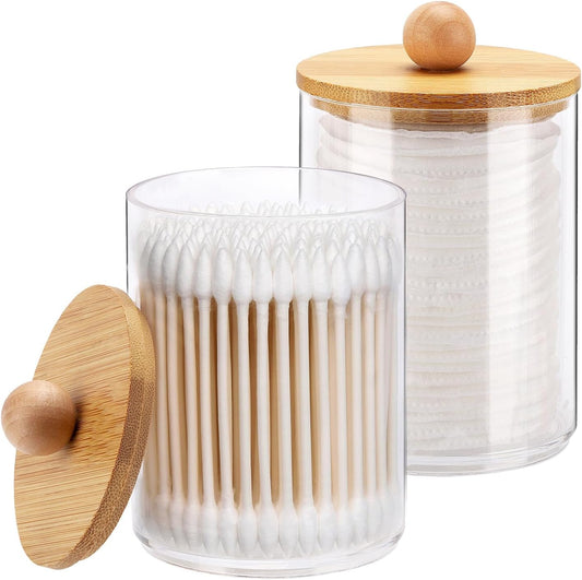 Tbestmax 10-Ounce Qtip Holder Bathroom Jars Canisters for Cotton Ball Swab Pad Storage Dispenzer, Bamboo Lid (2 Pack)