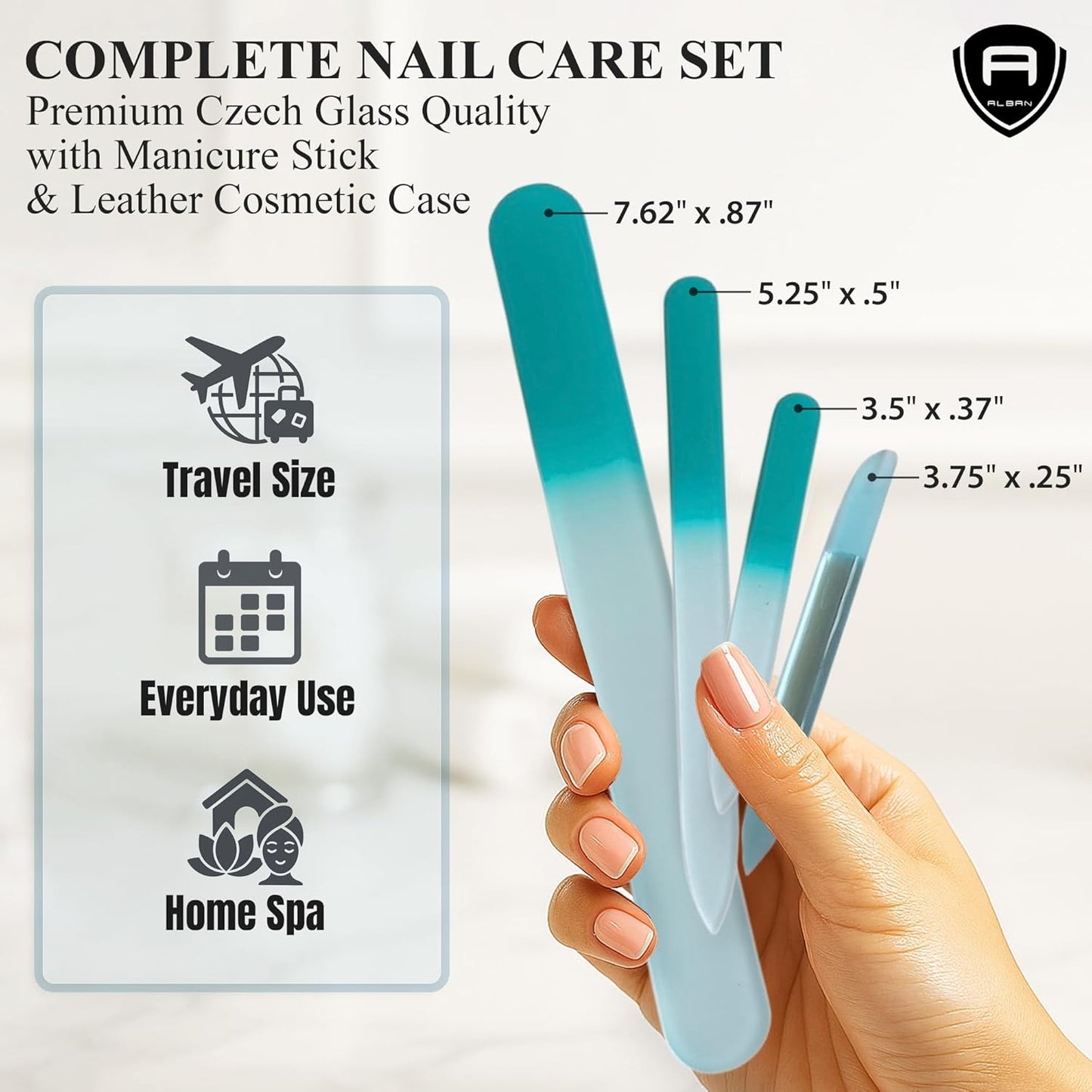 Alban Czech Glass Nail File Set with Manicure Stick & Vegan Leather Cosmetic Case (Turquoise Nail Files, Light Blue Manicure Stick & Cosmetic Case)