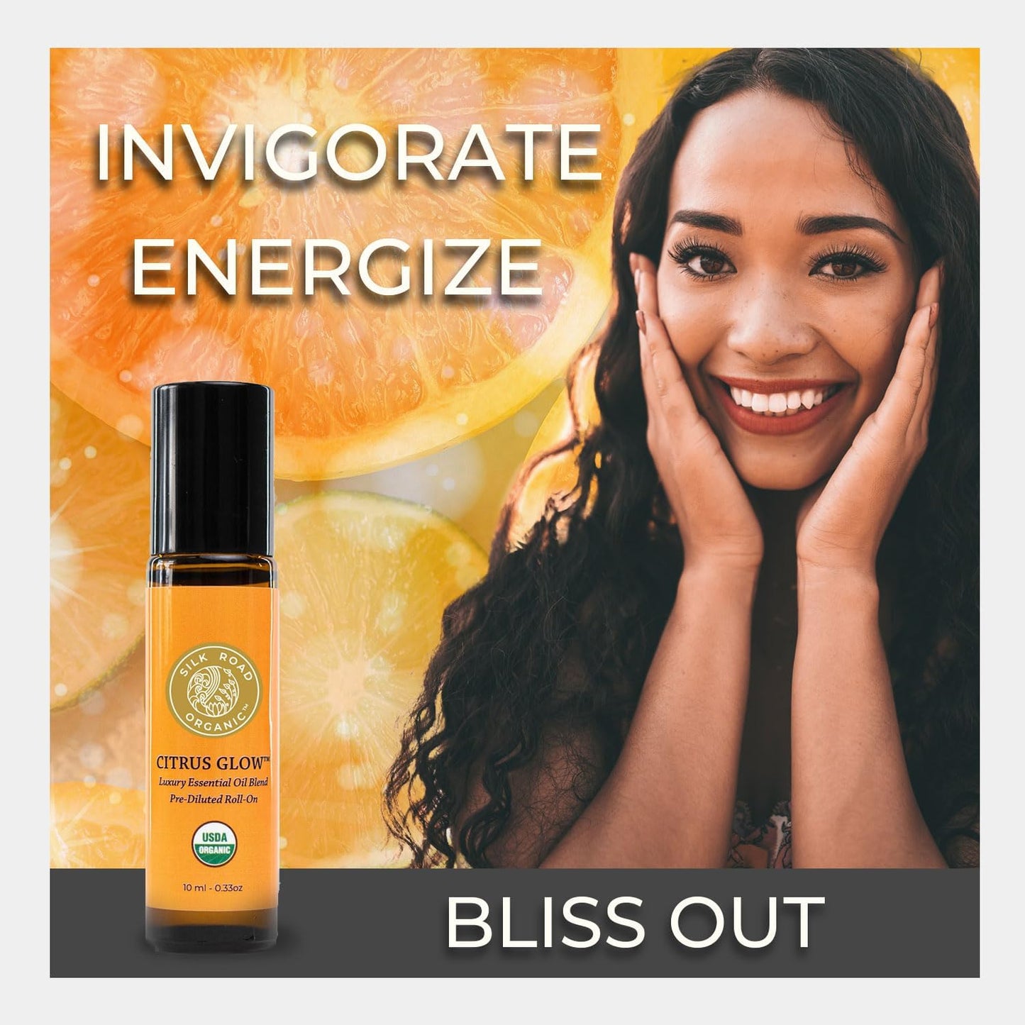 Silk Road Organic Citrus Glow Essential Oil Revive Blend Roll On, 100% Pure USDA Certified Citrus & Vanilla - Uplifting, & Energizing - 10 ml Roller - Always Pure, Always Organic