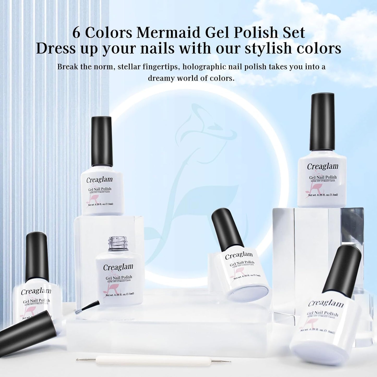 Mermaid Gel Nail Polish Set: 6 Colors - Pastel Pink, White, Orange, Blue, Pearl Gel with Swirl Shell Design - Uv Led Summer Nail Gel Polish DIY Swirl Shell Thread Effect for Girls