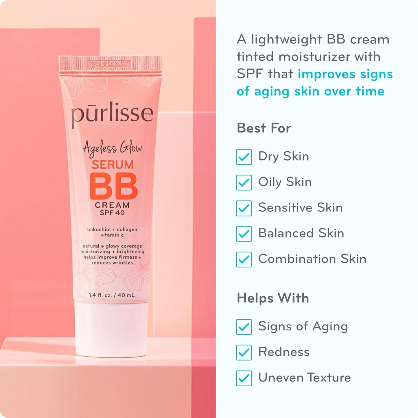 pūrlisse Ageless Glow Serum BB Cream SPF 40 - Glow BB Cream with SPF Enriched with Bakuchiol & Vitamin C to Help Improve Firmness & Reduce Wrinkles for Dewy Skin - Medium Warm (1.4 oz)