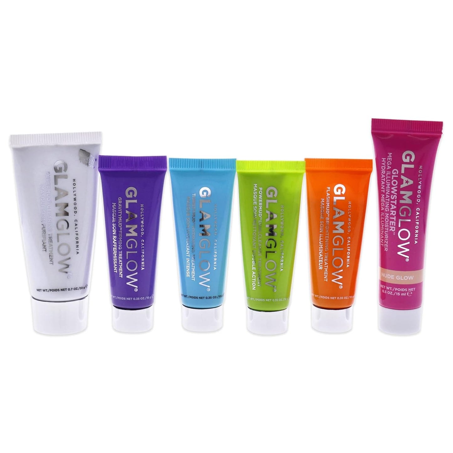 GLAMGLOW Glow Essentials Mask + Moisture Travel Set - SUPERMUD (0.7 oz), GLOWSTARTER NUDE (0.5 oz), GRAVITYMUD (0.35 oz), THRISTYMUD (0.35 oz), POWERMUD (0.35 oz) & FLASHMUD (0.35 oz)