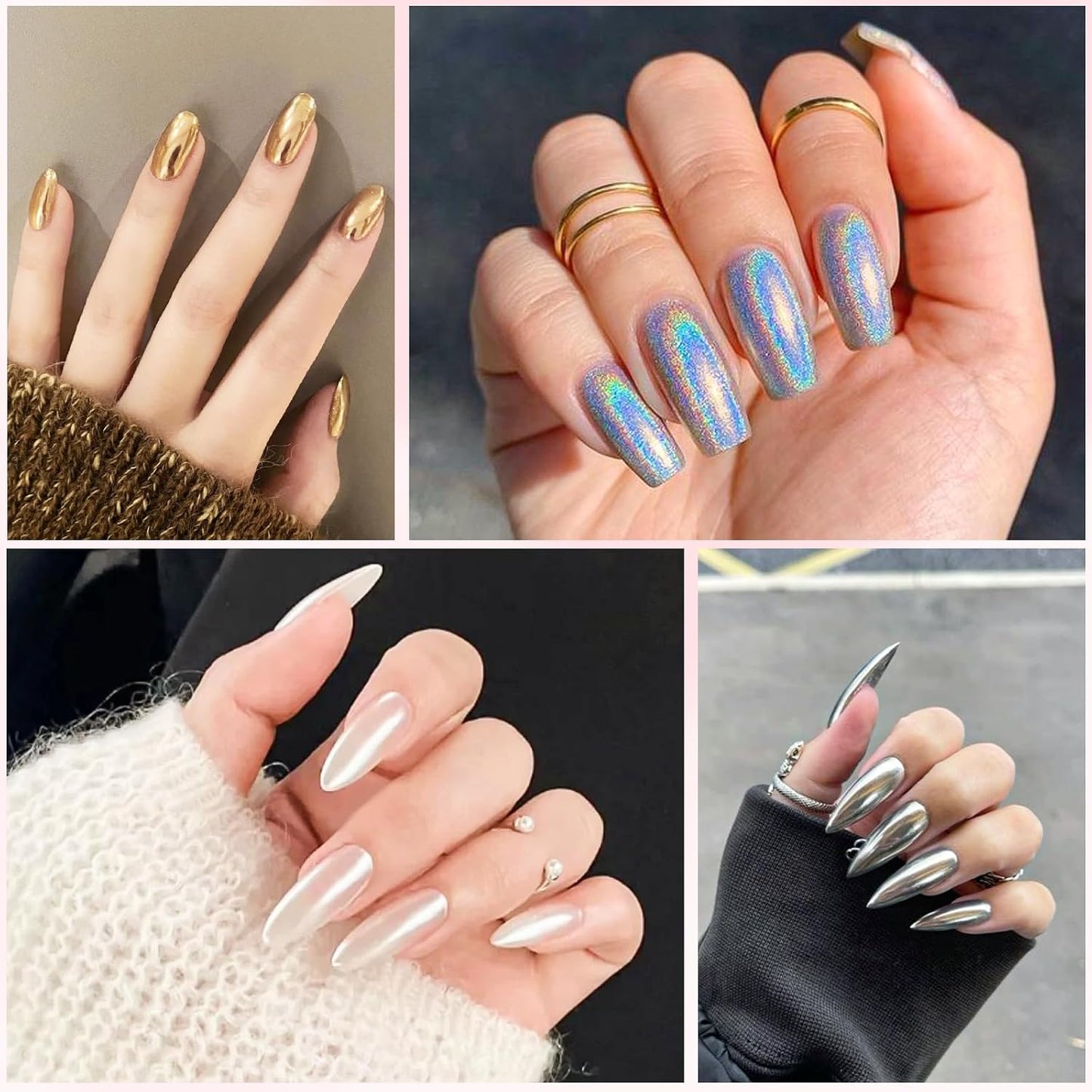 Gold Silver Chrome Nail Powder, 24 Colors White Pearl Unicorn Iridescent Holographic Nail Chrome Powder, Red Blue Green Black Purple Rose Gold Metallic Mirror Chrome Powder for Nails Glitter Pigment