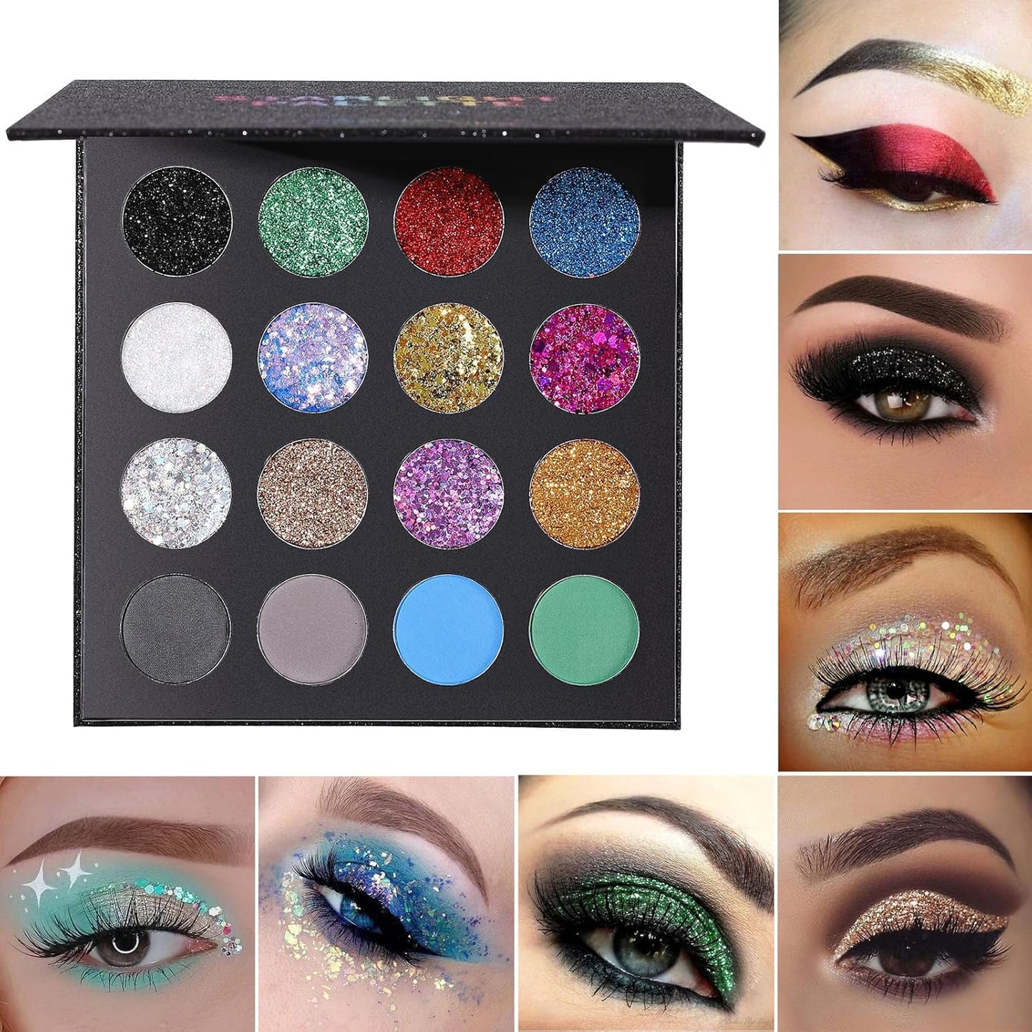 UCANBE Glitter Eyeshadow Makeup Palette - 12 Face Body Chunky & Fine Pressed Glitter + 4 Eye Shadow Powder Make Up Pallet for Theater Party Cosplay Halloween Christmas, Highly Pigmented Ultra Shimmer