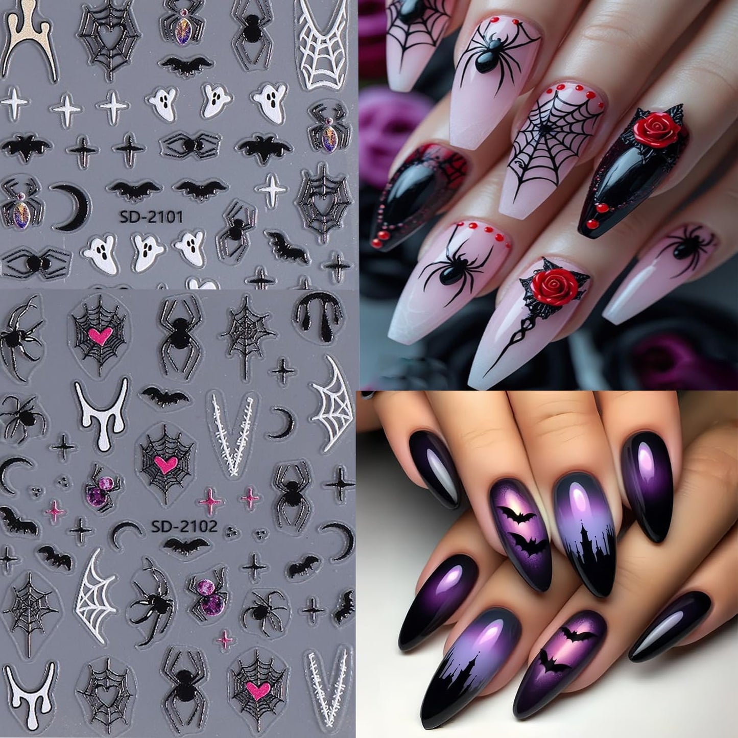 6 Sheets Halloween Nail Art Stickers 3D Self -Adhesive Ghost Bat Spider Nail Decals Holographic Spider Web Skeleton Blood Drop Nail Stickers Halloween Nail Decoration for Women Manicure Supplies