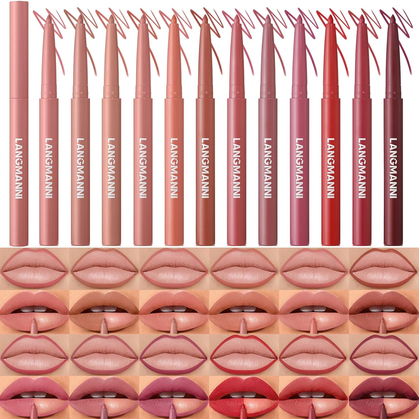 LANGMANNI 12 Colors Sculpting Matte Velvet Lip Liner Set,Smooth Creamy Texture,Waterproof And High Pigmented For Girls Daily Application Lip Makeup