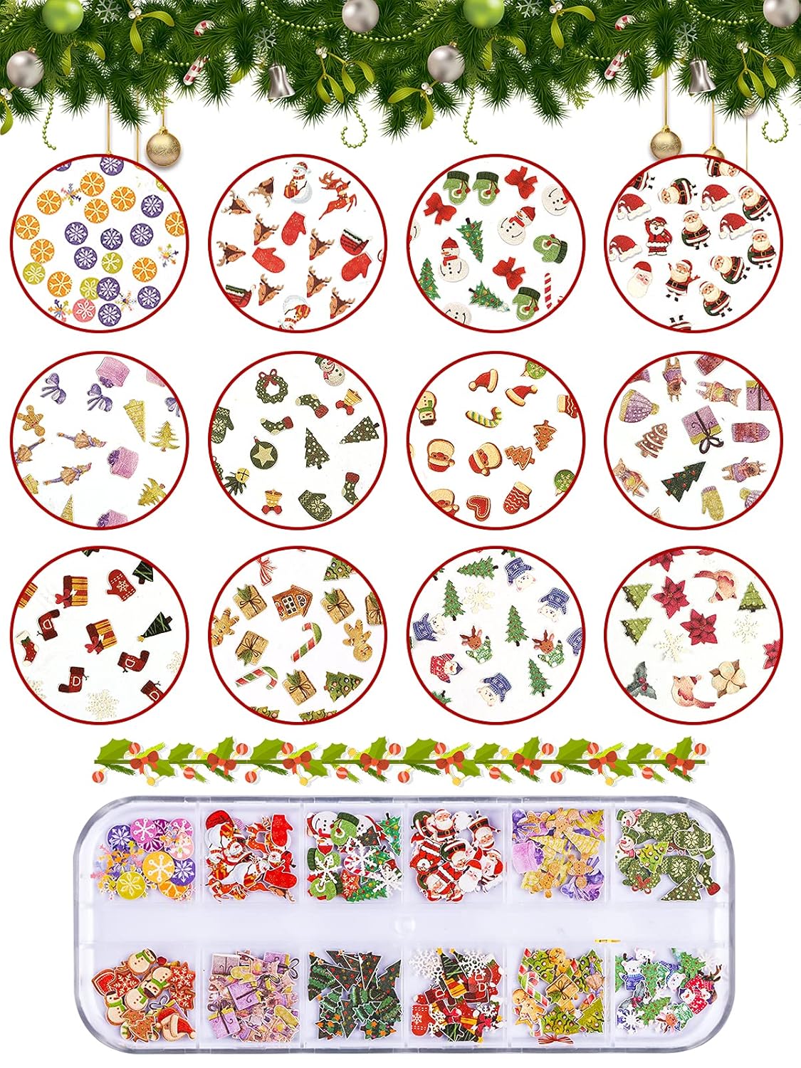 Kalolary 2 Boxes Christmas Nail Art Sequins Sticker, 3D Santa Claus Snowflake Elk Decals for Acrylic Nails, Christmas Tree Wood Pulp Glitter Flakes for Winter Nail Art Decorations