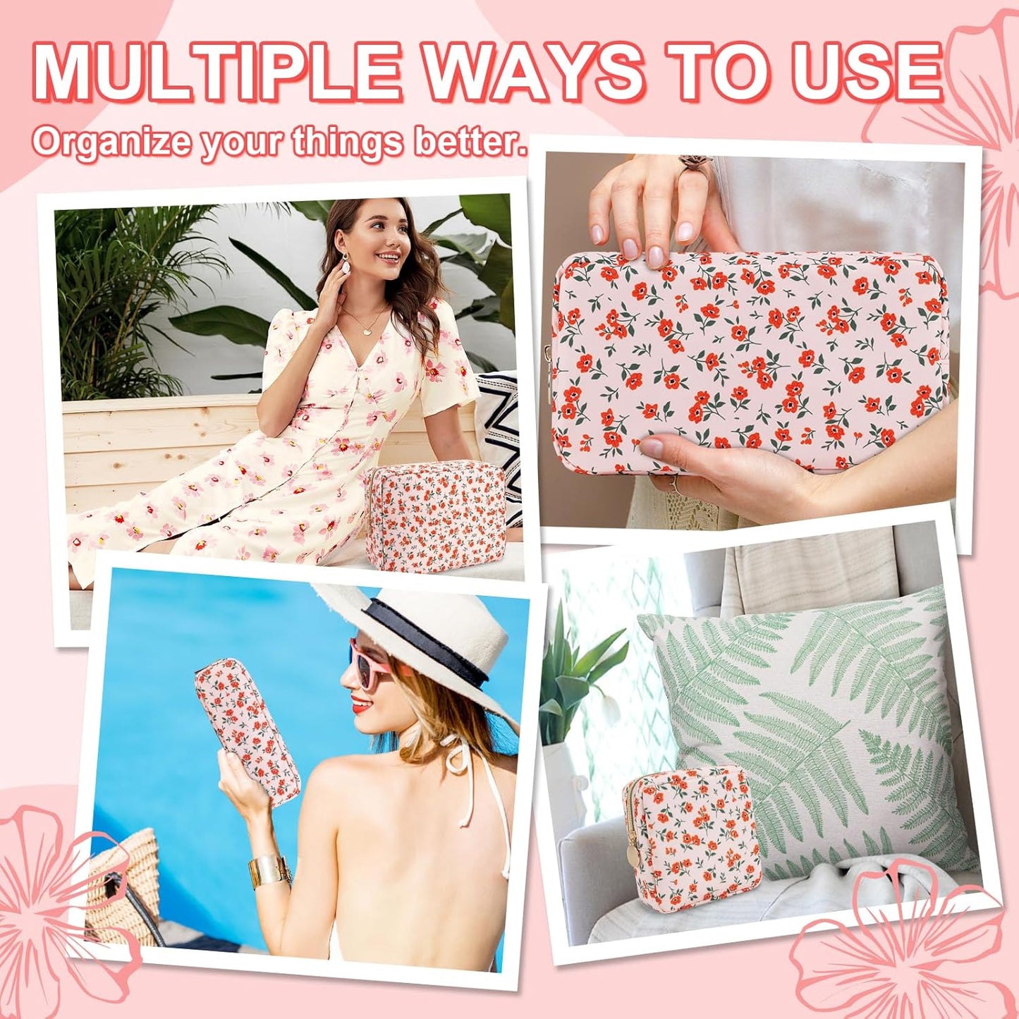 Waterproof Small Floral Makeup Bag Pouch for Purse,Nylon Flower Cosmetic Bag Preppy Travel Toiletry Storage Bag for Women Girl,Cute Makeup Organizer Bag Skincare Bag with Zipper(Small Pink-Flowers)