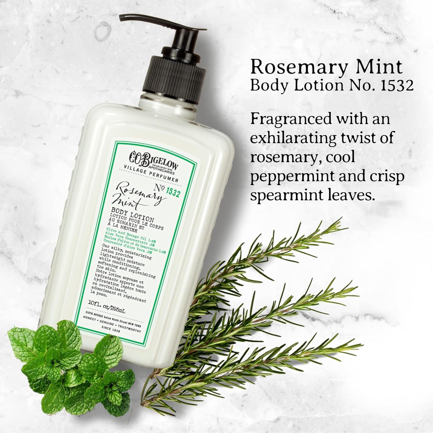 C.O. Bigelow Rosemary Mint Body Lotion, Village Perfumer Moisturizing Body Lotion with Aloe Vera, Borage Oil & Olive Oil, 10 Fl Oz