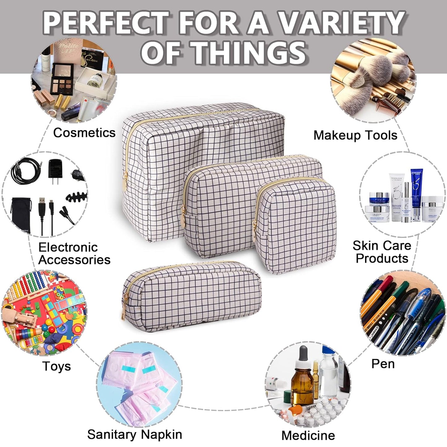 Small Makeup Bag Pouch for Purse，Nylon Travel Toiletry Storage Bag Preppy Checkered Cosmetic Bag for Women Girls，Waterproof Makeup Organizer Bag Pouch Skincare Bag with Zipper (Small-Checkered)